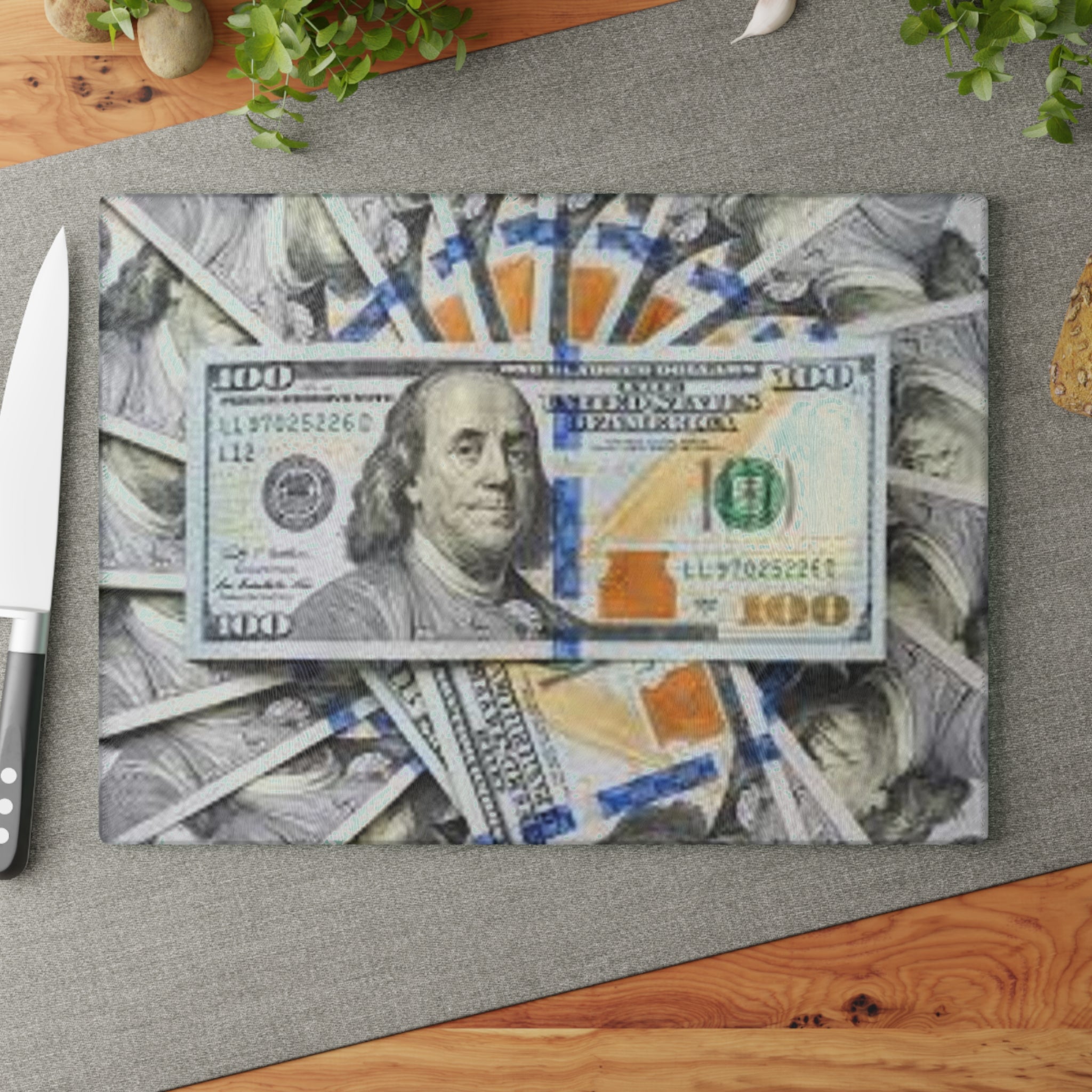 Stack of 100 Bills Glass Cutting Board | Money Pattern Kitchen Decor