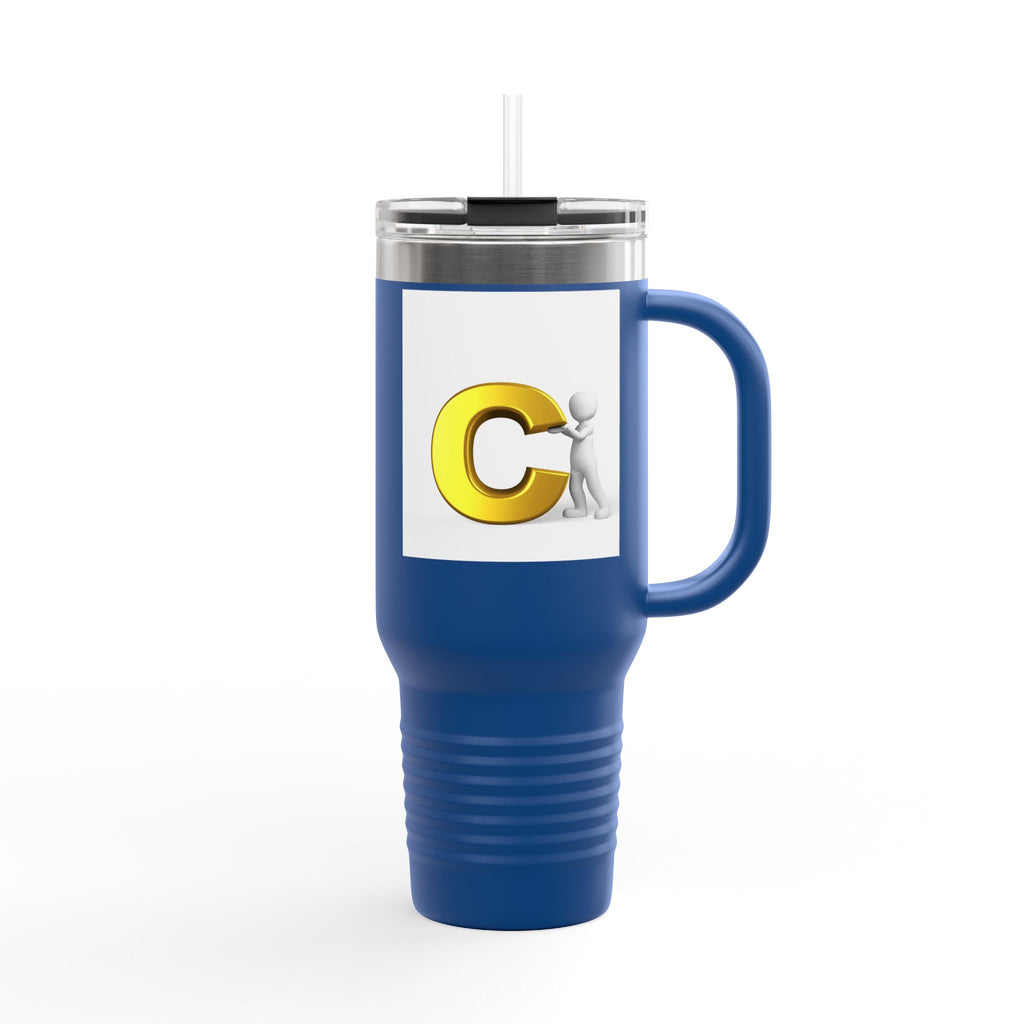 3D Character Leaning on Yellow Letter C Travel Mug | 40oz Insulated Tumbler