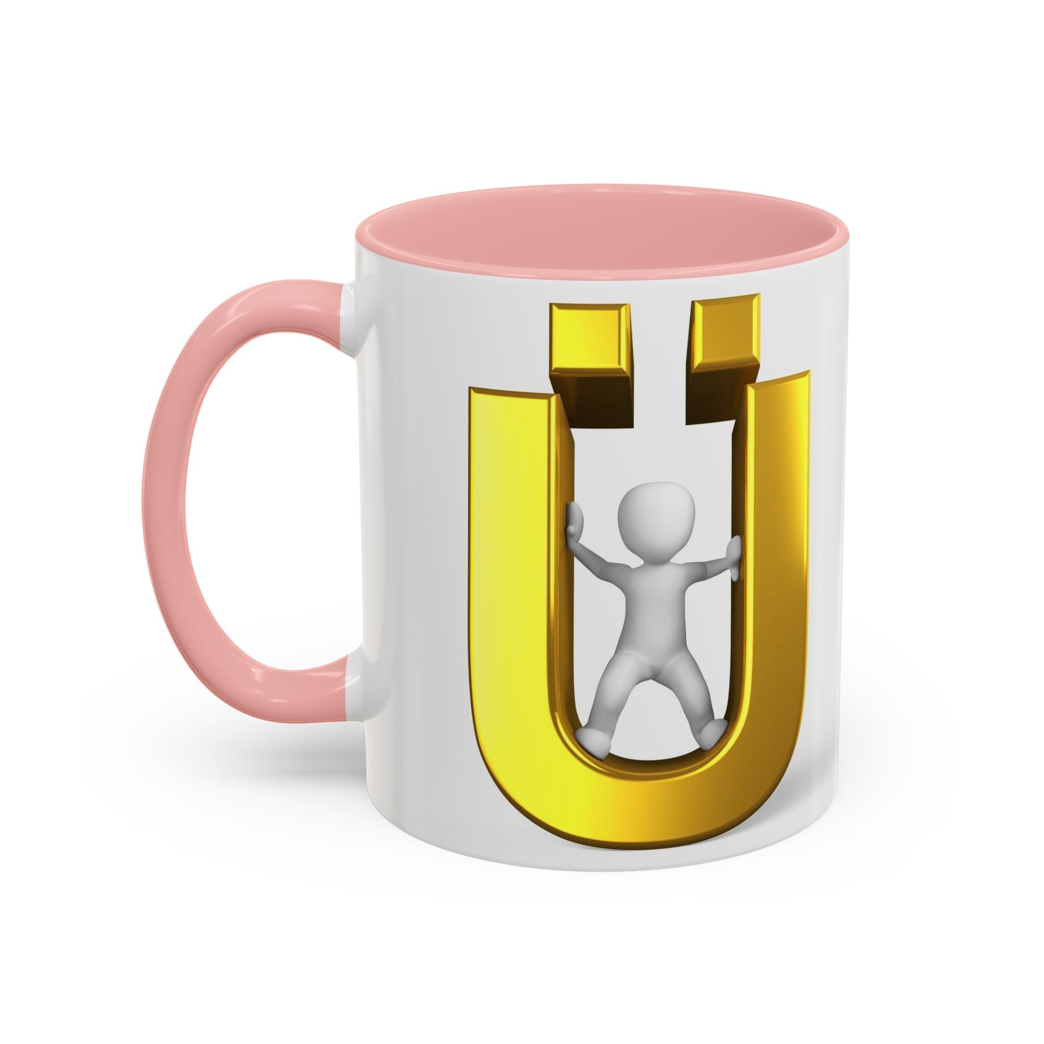 Tasse à café 3D « Lettre Ü dorée avec figurine stylisée » | Mug à anse de couleur
