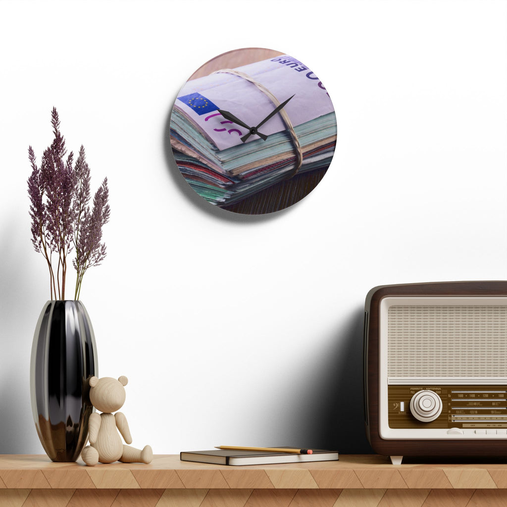 Stacked Currency Illustration Acrylic Wall Clock | Money Notes Design