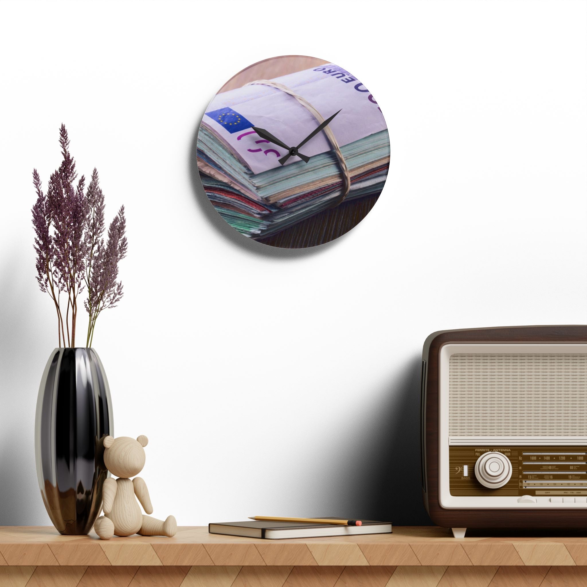 Stacked Currency Illustration Acrylic Wall Clock | Money Notes Design