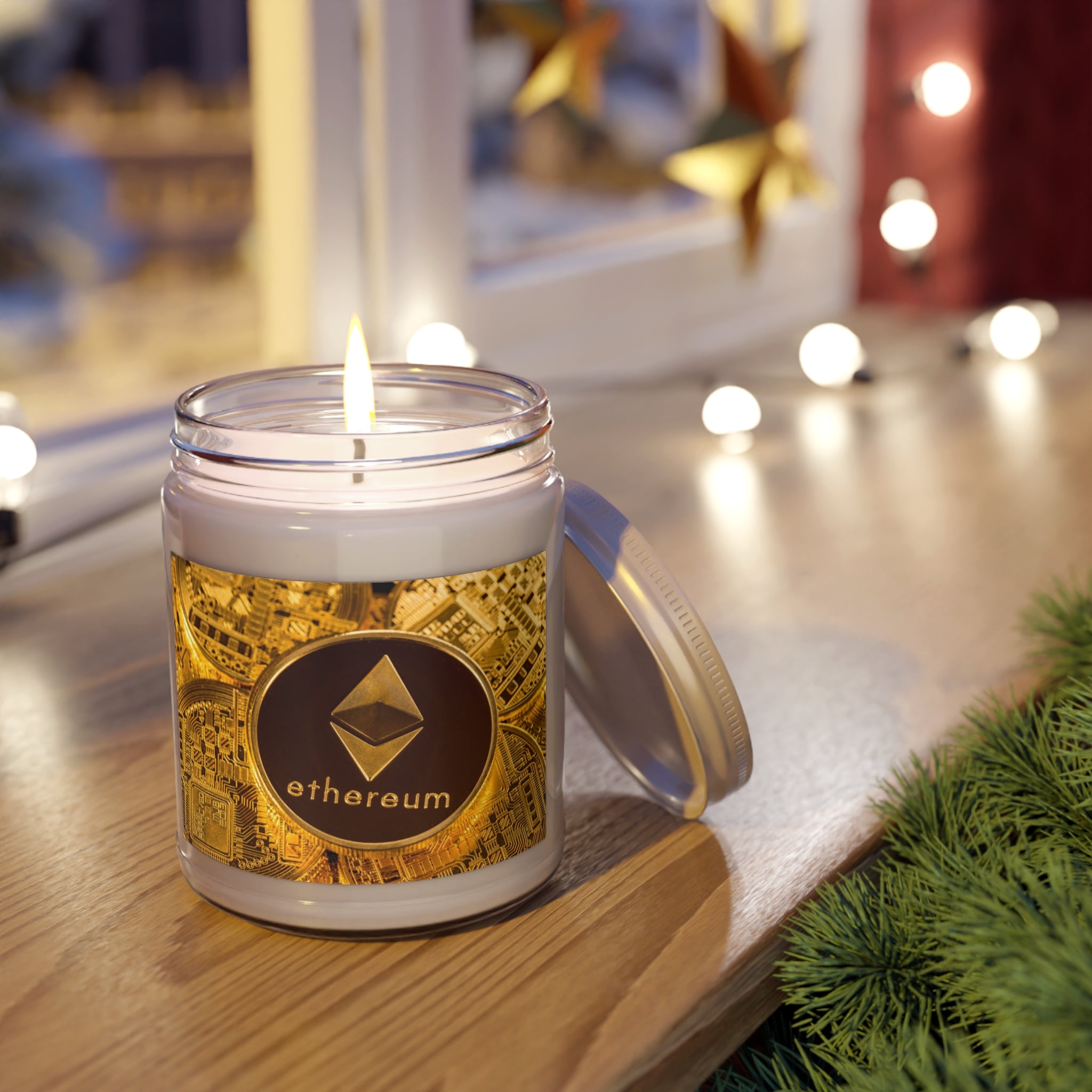 Bougie en cire de soja Ethereum Coin Graphic Candle, pot de 9oz