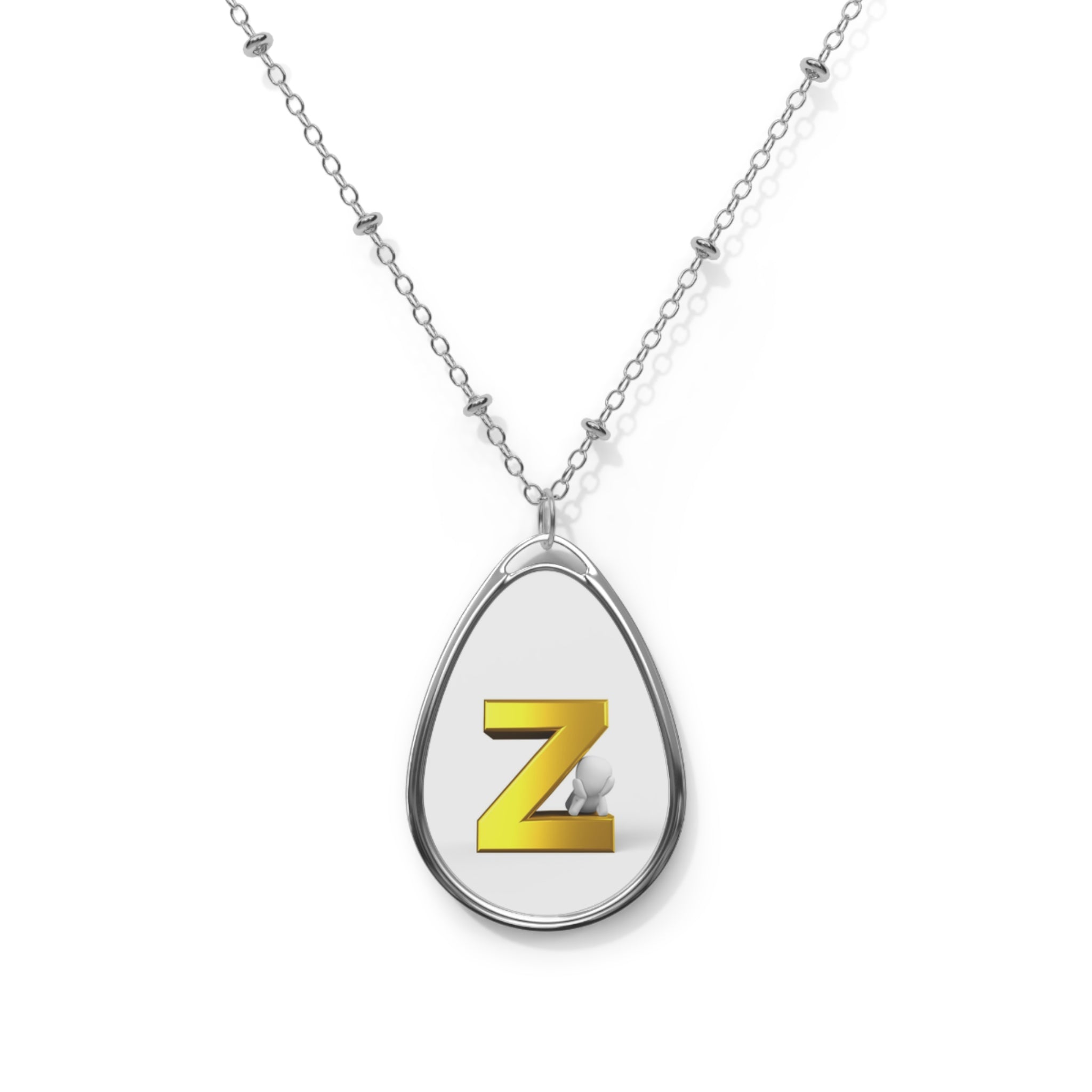 Gold Initial Z Oval Pendant Necklace — Personalized Letter Teardrop Charm