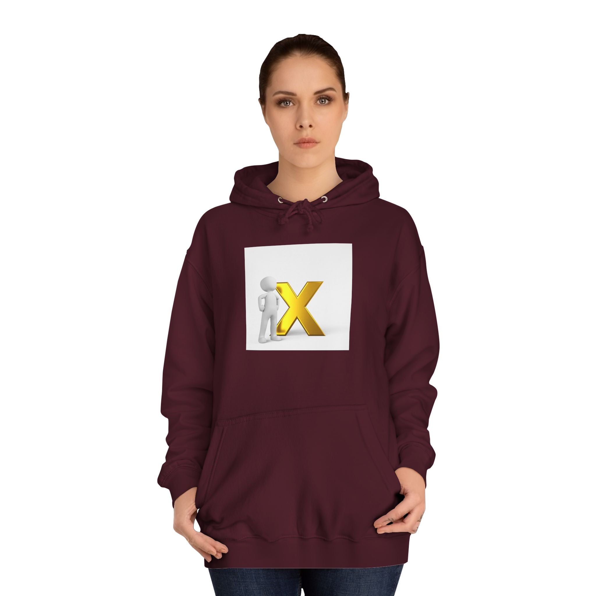 3D Figure Leaning on Gold X Hoodie | Letter X Initial Pullover