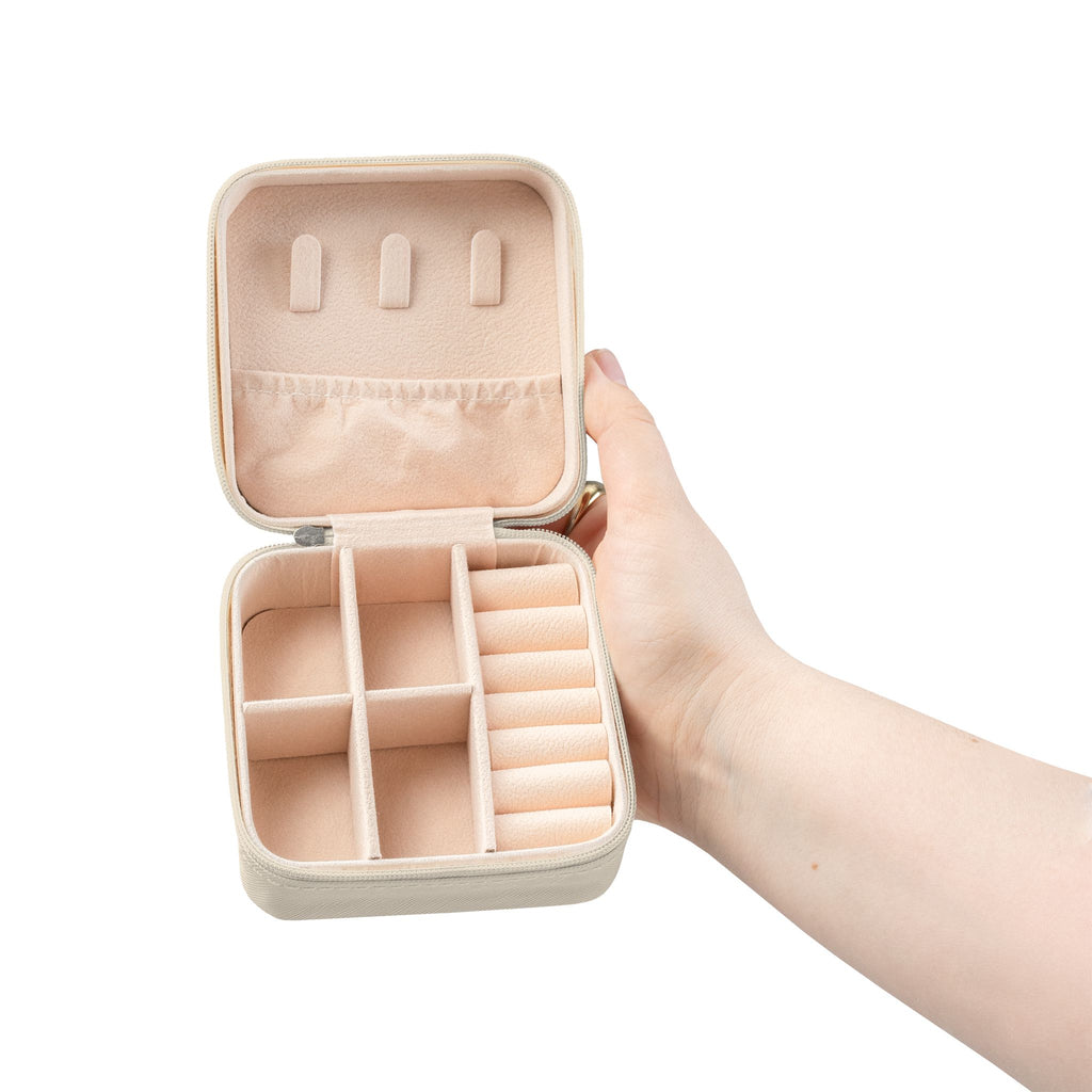Gold Monogram R Initial Jewelry Travel Case | Compact Pink Travel Organizer