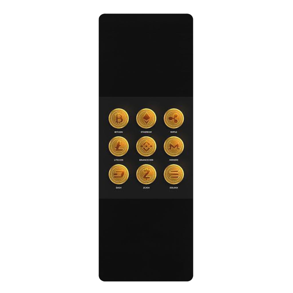 Cryptocurrency Coin Icons Rubber Yoga Mat | Bitcoin Ethereum Litecoin Doge