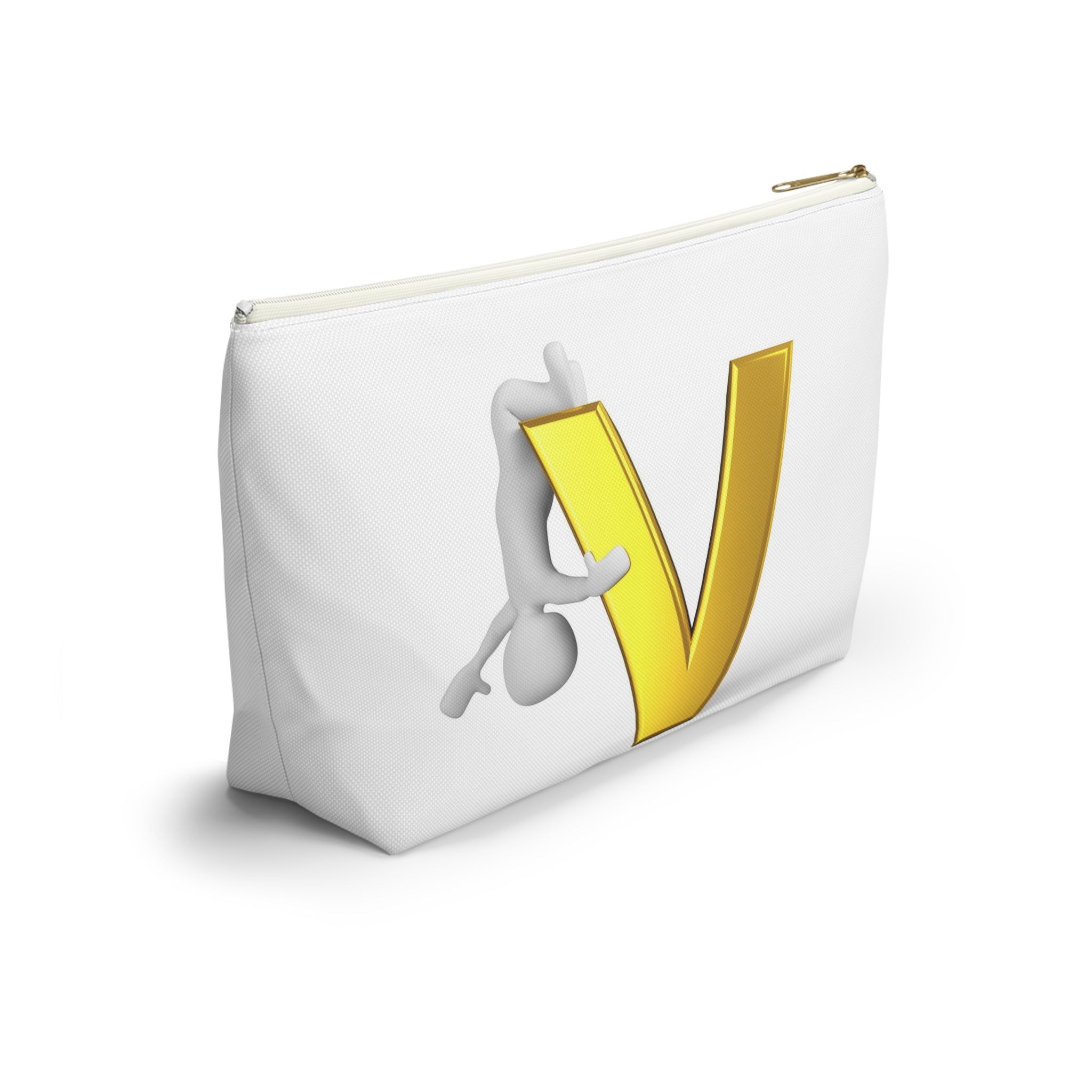 Gold Letter V with Hanging Stick Figure Accessory Pouch