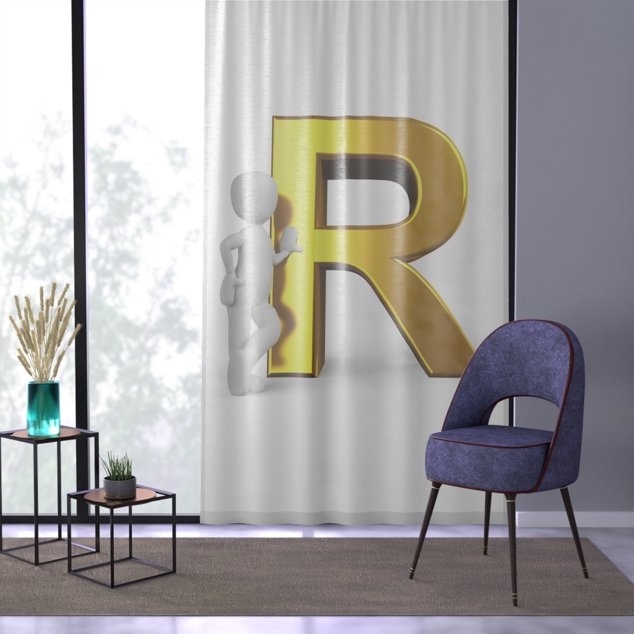 Gold Letter R Monogram Window Curtain | Initial R Drapery Panel