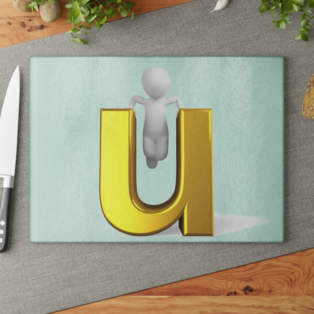 3D Gold Letter U with Figure Glass Cutting Board | Monogram Initial Kitchen Decor
