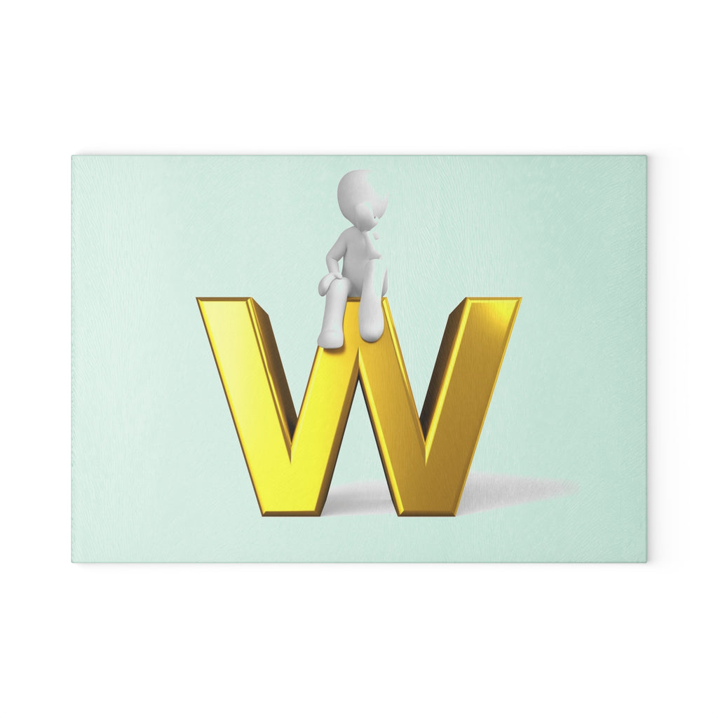 Gold Letter W with Sitting Character Glass Cutting Board | Monogram Kitchen Decor