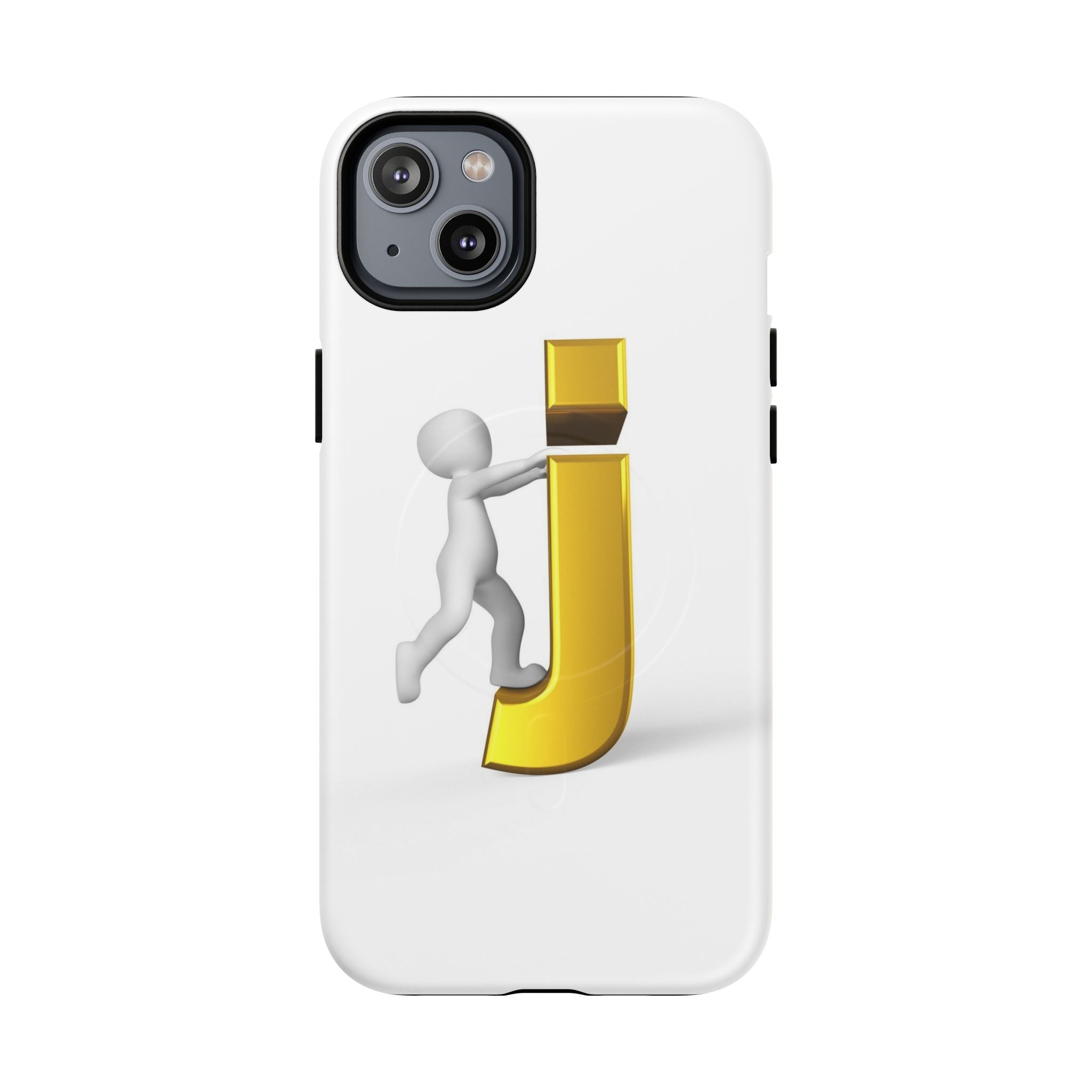 Coque de téléphone 3D Bonhomme allumette Poussant la lettre J dorée | Coque magnétique robuste