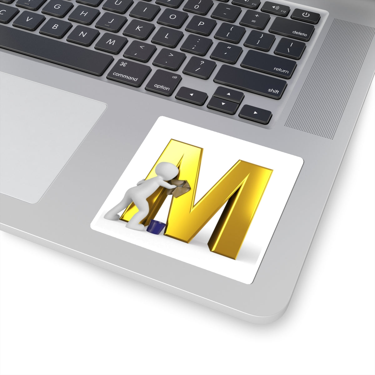 Gold Letter M with Painter Figure Sticker | Kiss-Cut Alphabet Decal