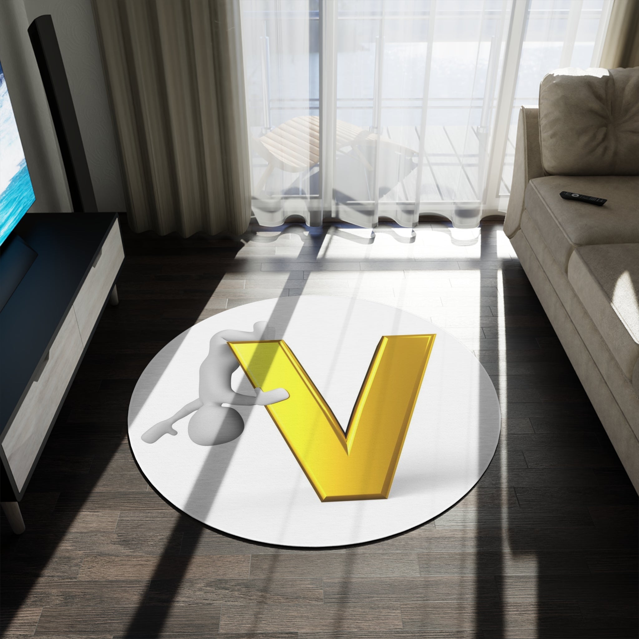 Gold Letter V with Climbing Figure Round Rug | Monogram Accent Rug
