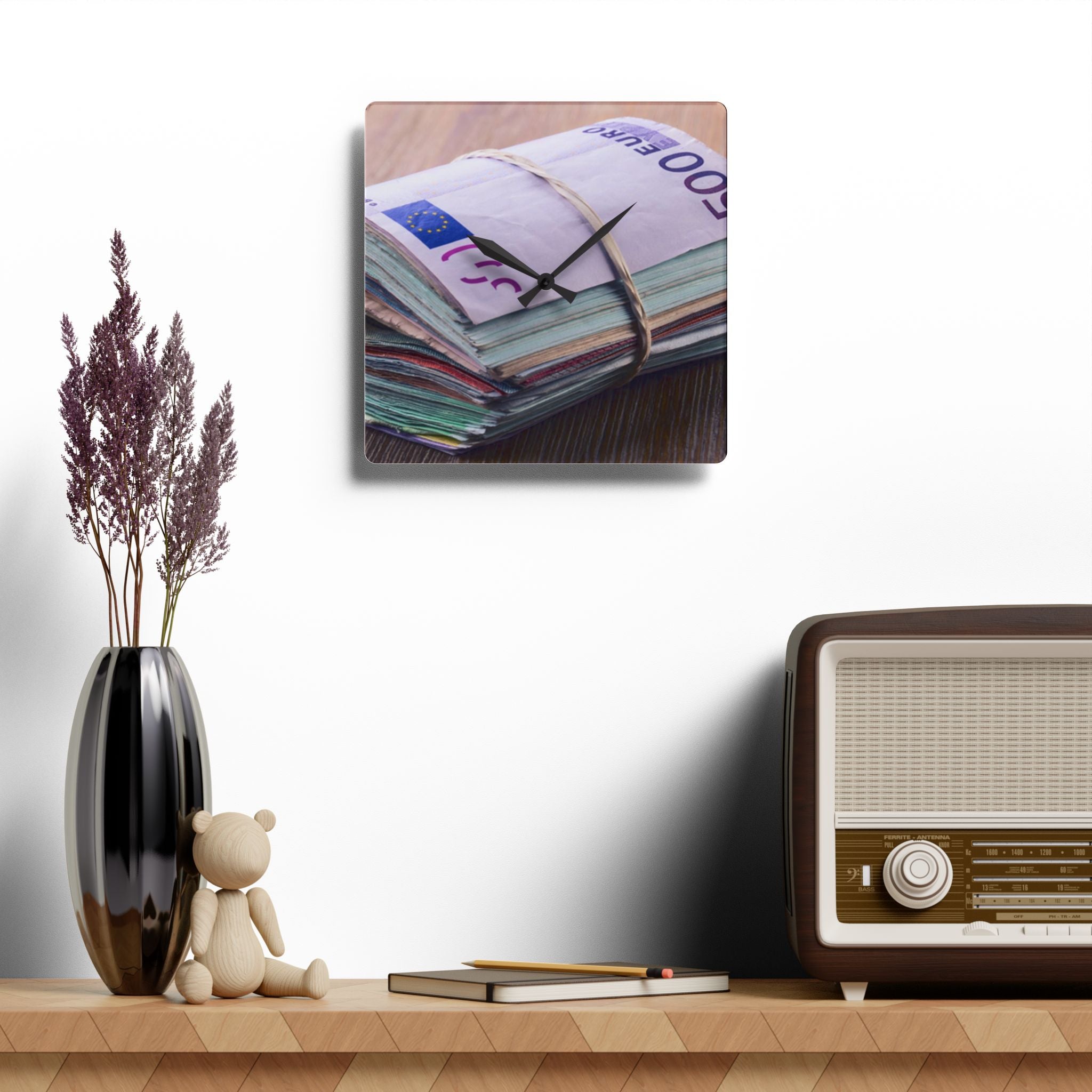 Stacked Currency Illustration Acrylic Wall Clock | Money Notes Design