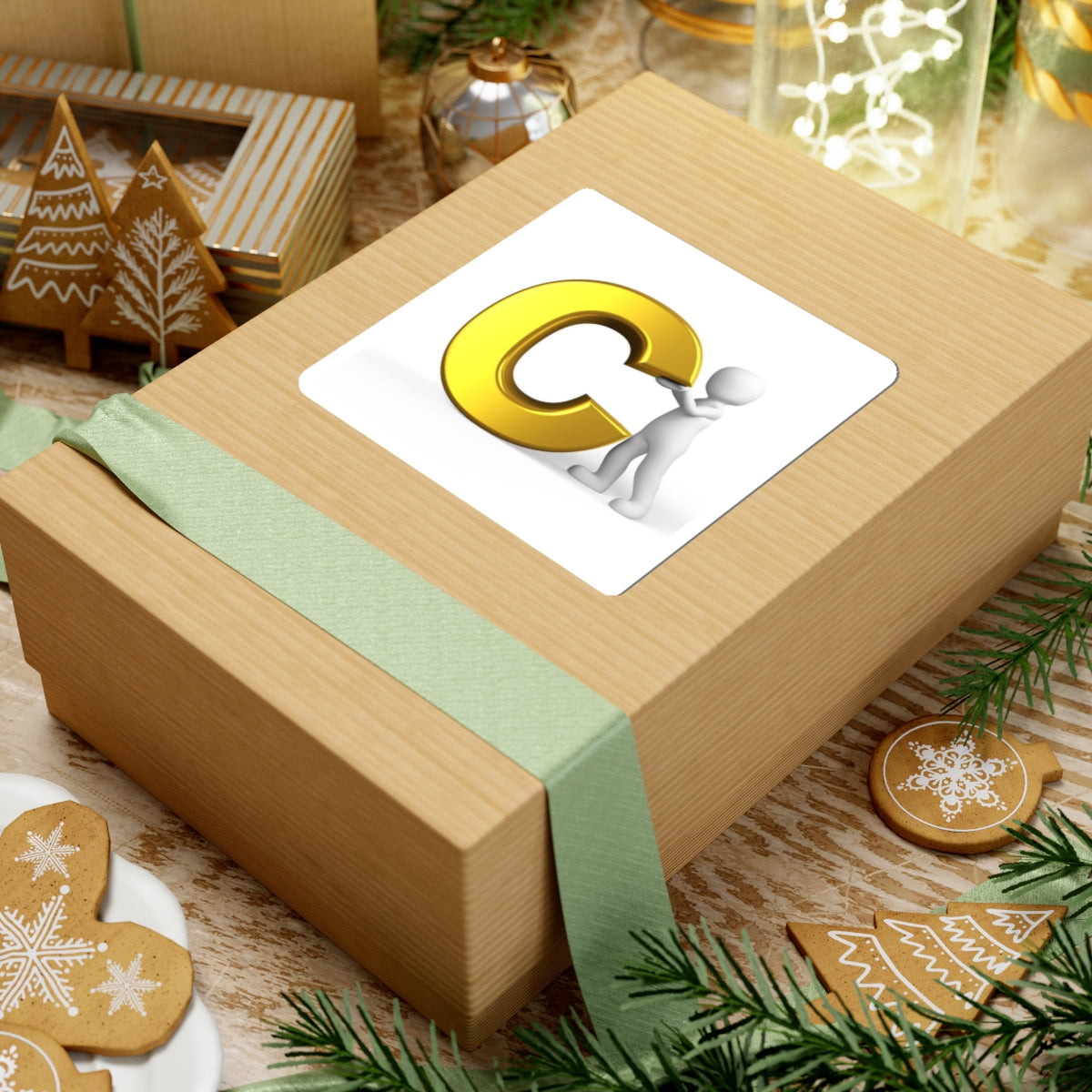 3D Gold Letter C with Character Sticker | Kiss-Cut Sticker