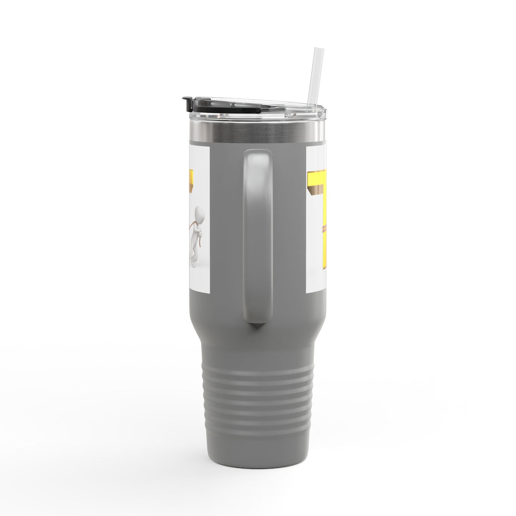 3D Stick Figure Pulling Gold Letter T Travel Mug | 40oz Insulated Tumbler