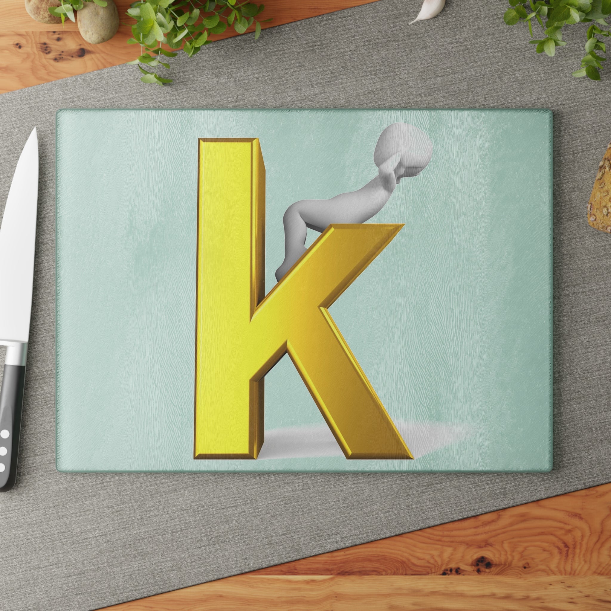 Letter K with Playful Figure Glass Cutting Board | Initial Monogram Kitchen Décor