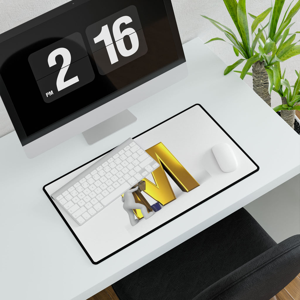 Gold Letter M with Painter Character Desk Mat | Large Mouse Pad Deskmat