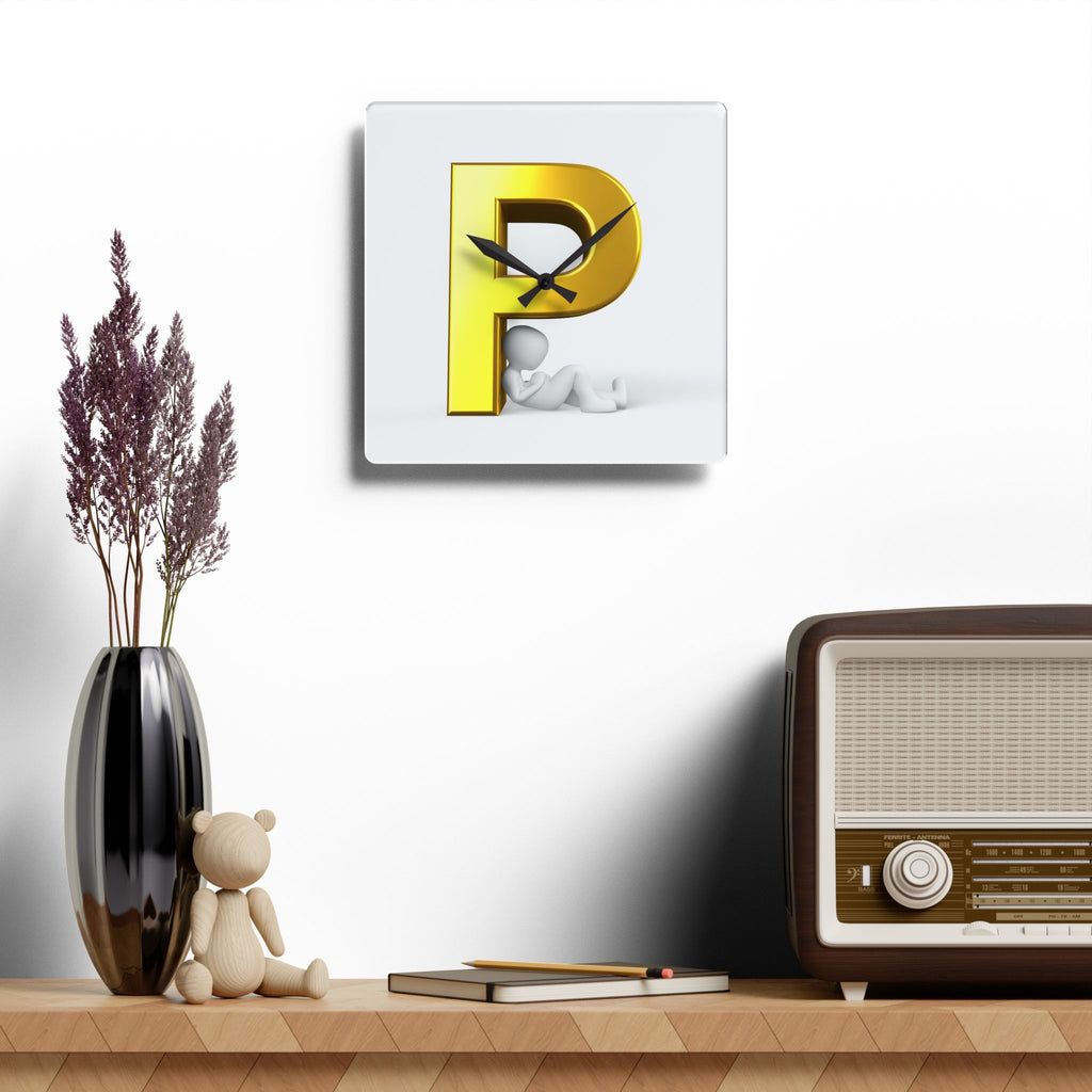 Golden Letter P Initial Acrylic Wall Clock | Monogram Decor