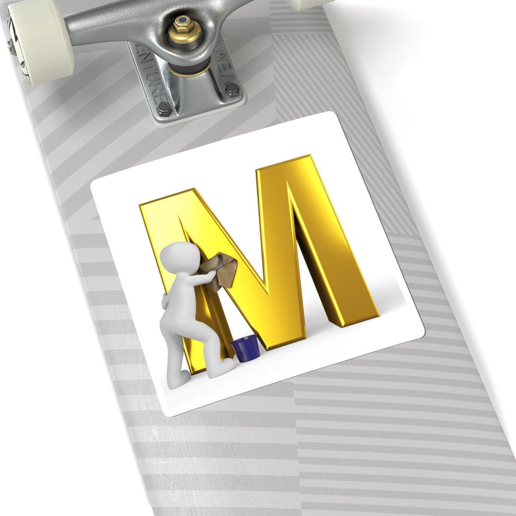 Gold Letter M with Painter Figure Sticker | Kiss-Cut Alphabet Decal
