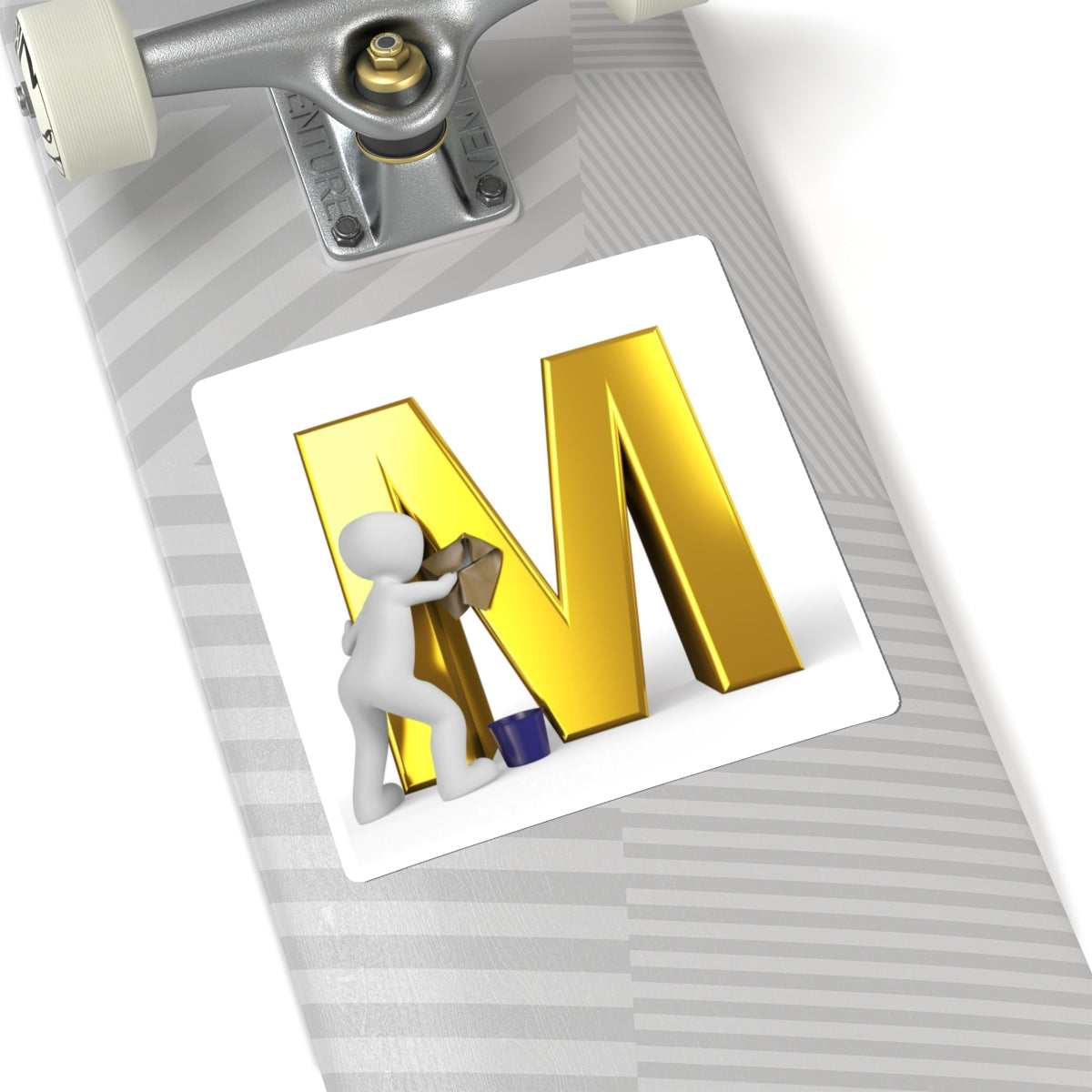 Gold Letter M with Painter Figure Sticker | Kiss-Cut Alphabet Decal