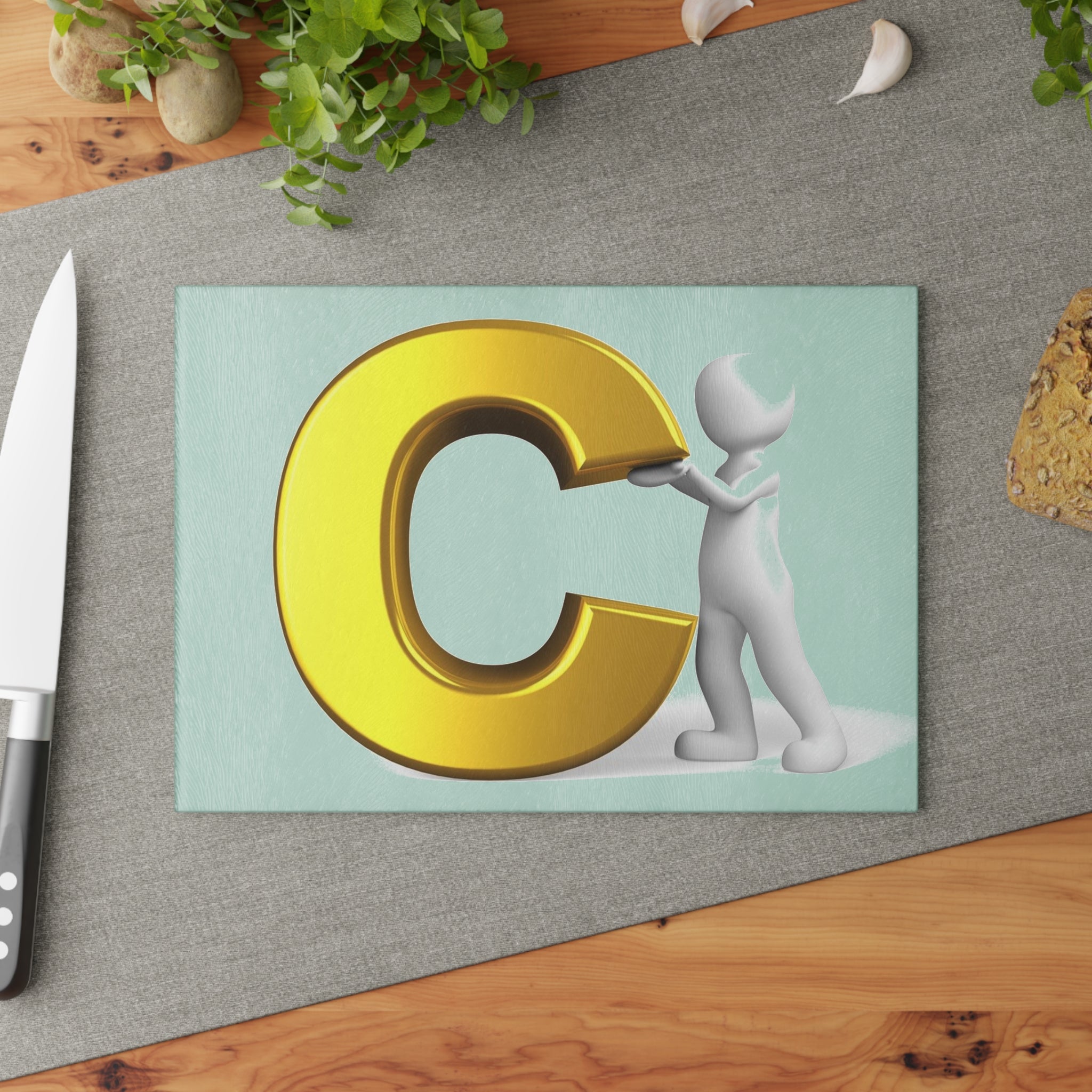 Gold Letter C with 3D Figure Glass Cutting Board | Monogram Initial Kitchen Decor