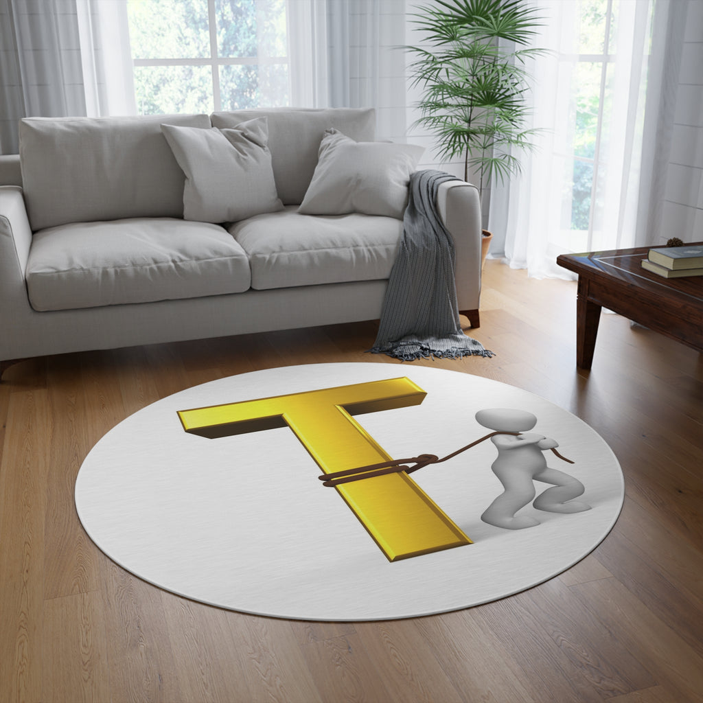 Gold Letter T with Figure Round Rug | Monogram Initial T Floor Mat