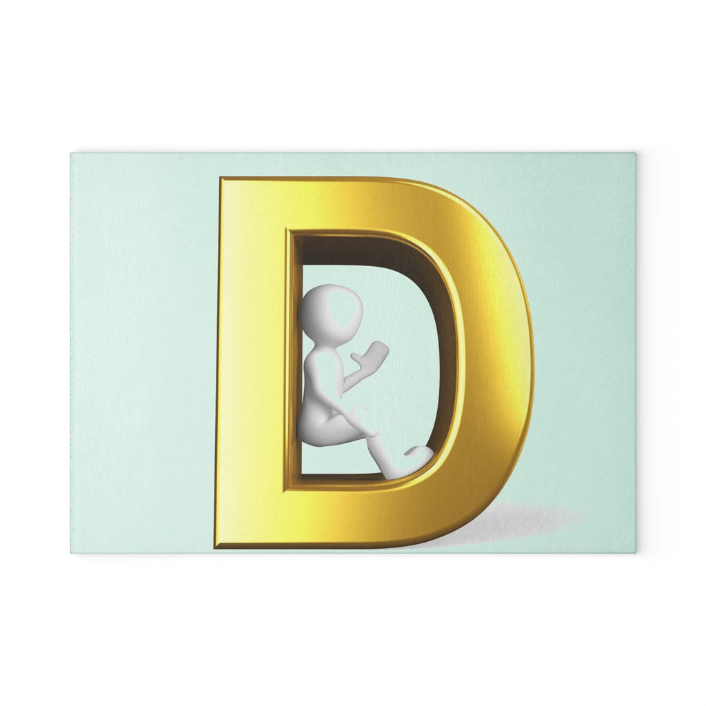 Gold Letter D with Sitting Figure Glass Cutting Board | Monogram Initial Kitchen Decor