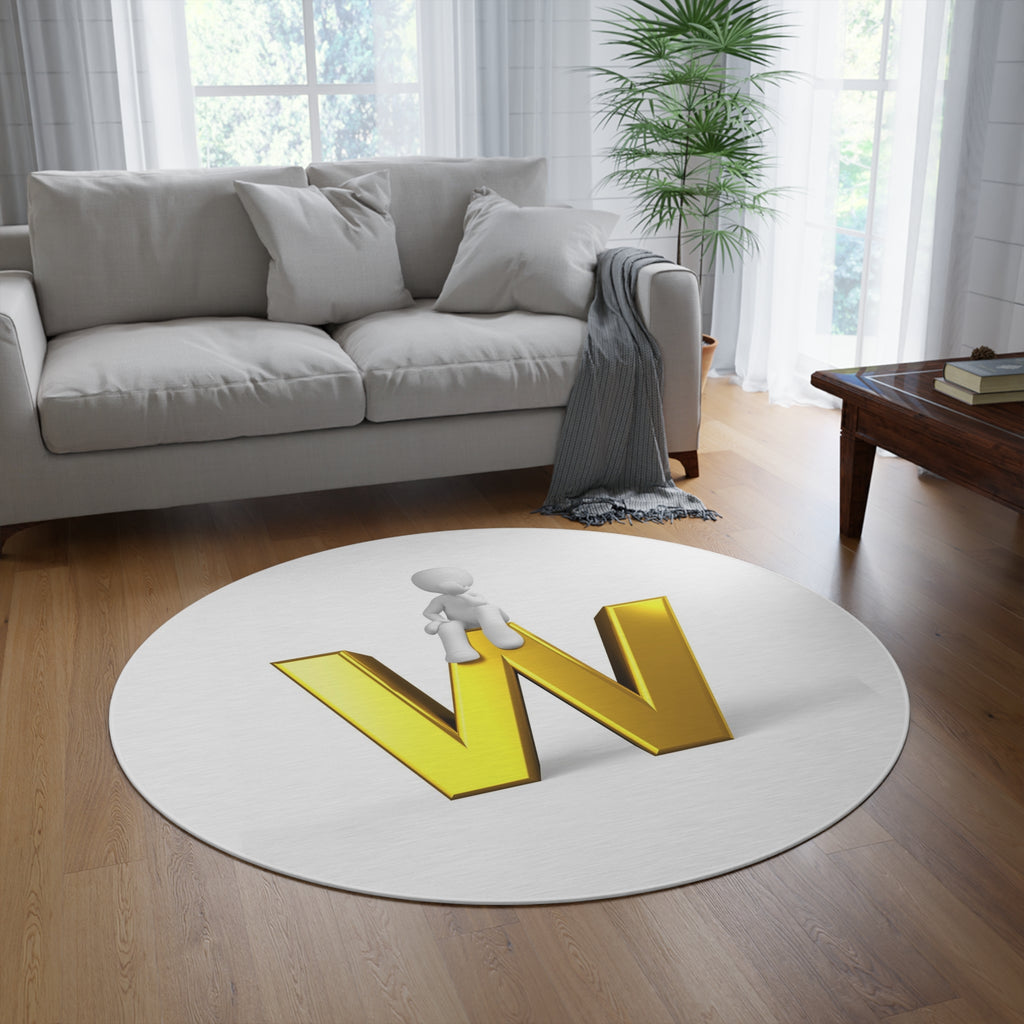 3D Gold Letter W with Sitting Figure Round Rug | Monogram Initial Rug