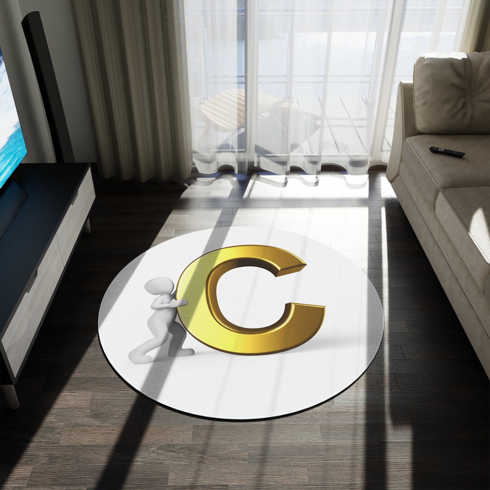 Gold Letter C with Figure Round Rug | Monogram Initial Decor