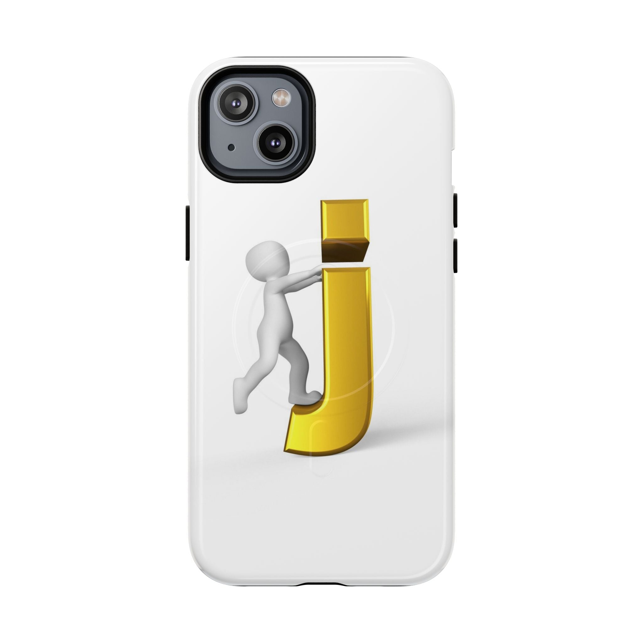 Coque de téléphone 3D Bonhomme allumette Poussant la lettre J dorée | Coque magnétique robuste