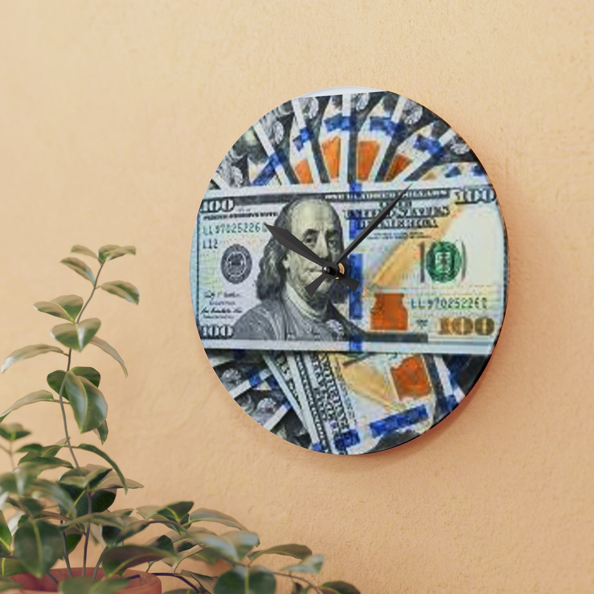 Hundred Dollar Bills Acrylic Clock | Money Stack Wall Clock