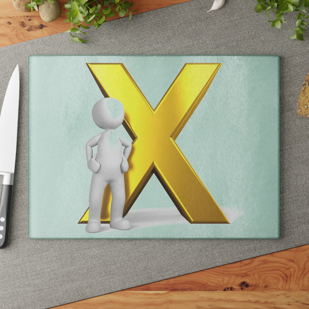 Gold X Initial with 3D Figure Glass Cutting Board | Personalized Letter Kitchen Decor