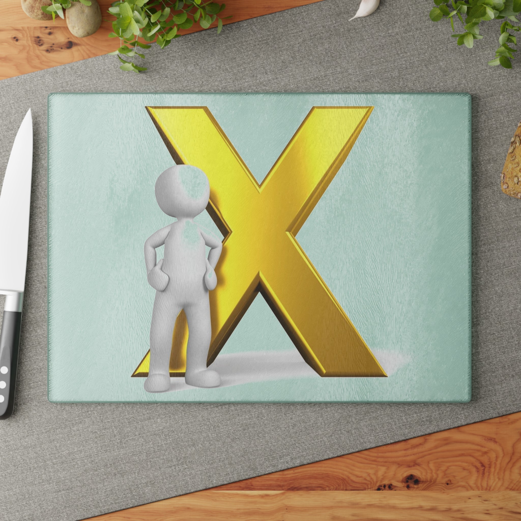 Gold X Initial with 3D Figure Glass Cutting Board | Personalized Letter Kitchen Decor