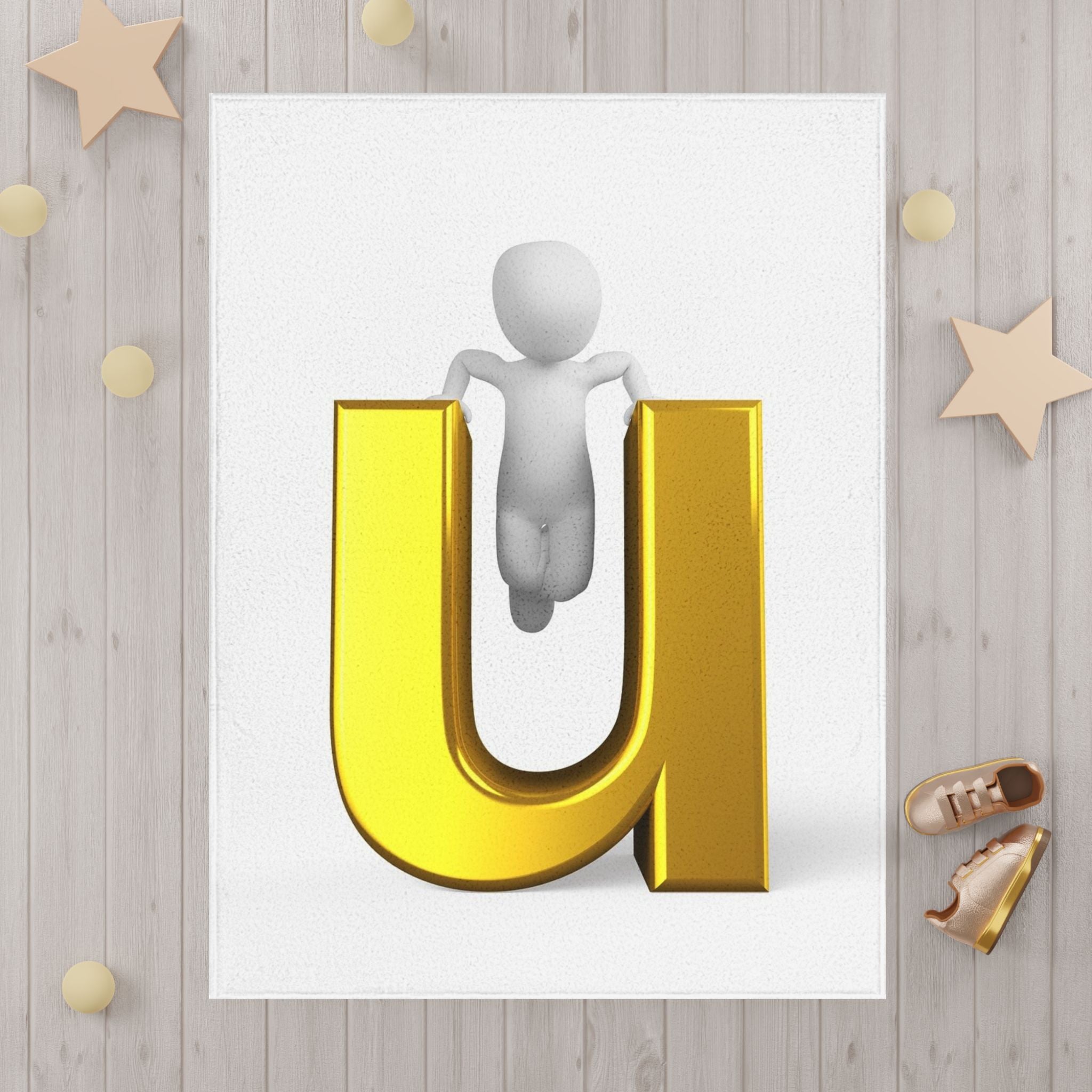 Gold Letter U with 3D Figure Toddler Blanket | Alphabet Kids Nursery Decor