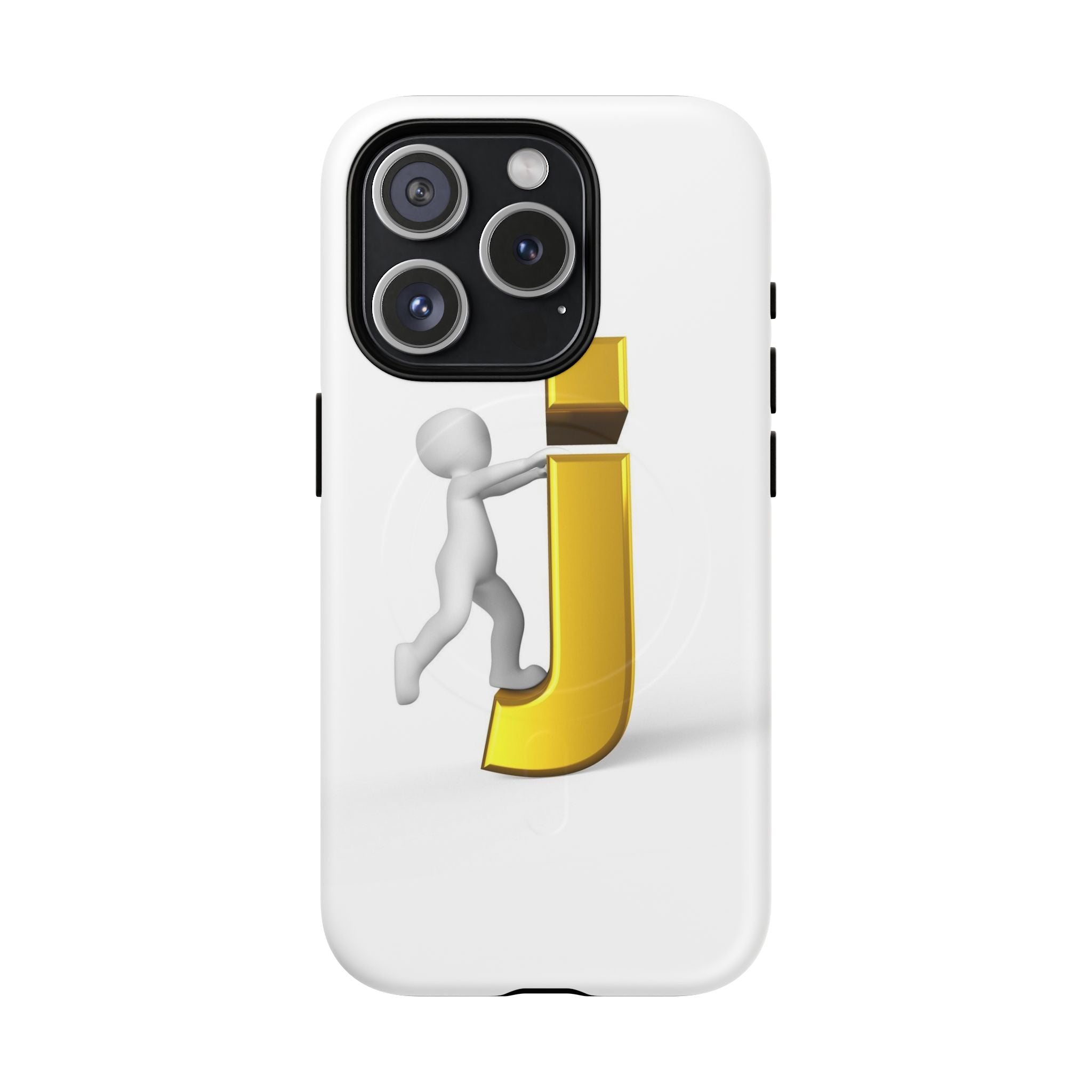 Coque de téléphone 3D Bonhomme allumette Poussant la lettre J dorée | Coque magnétique robuste