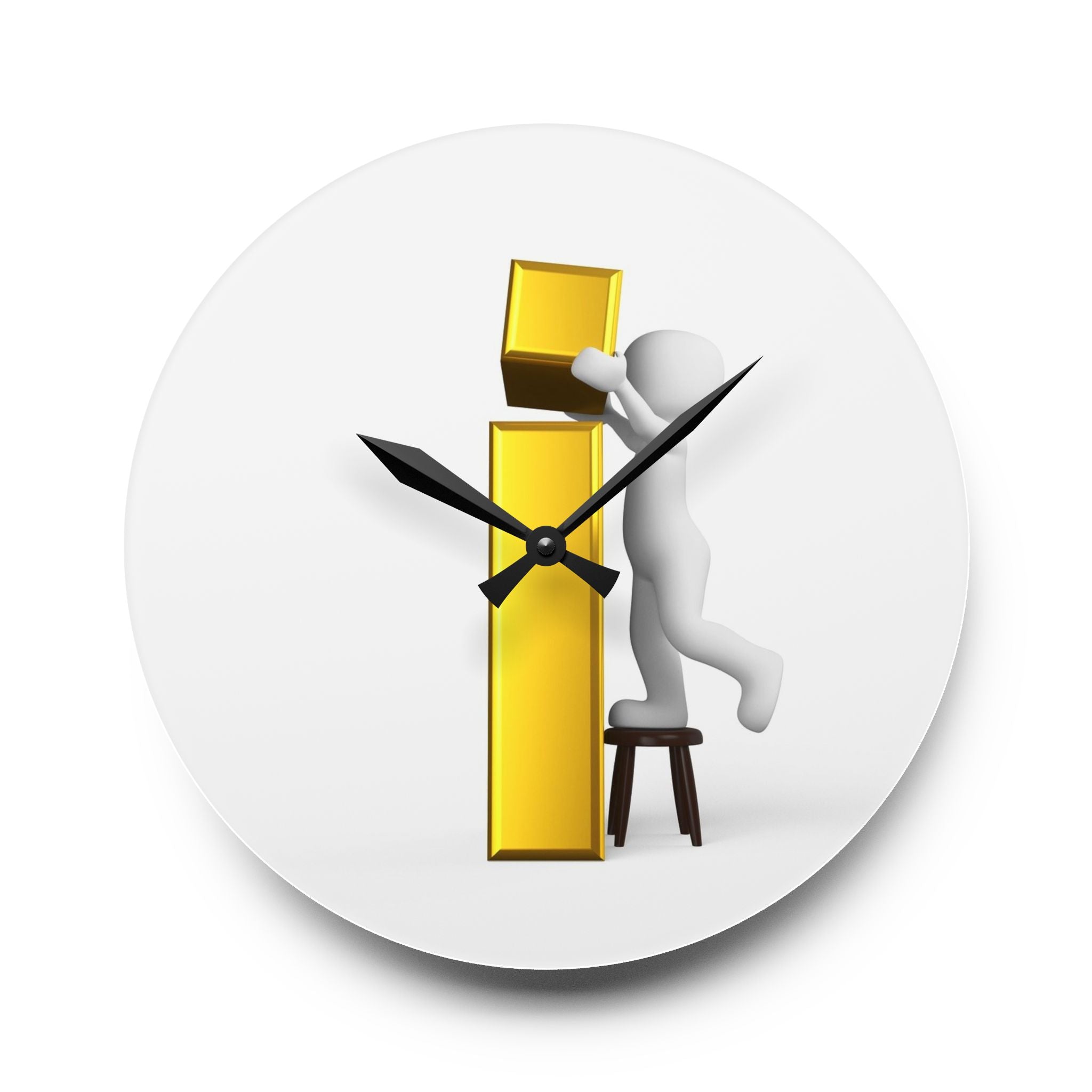 3D Figure Holding Gold Letter i Acrylic Wall Clock, modern typographic decor