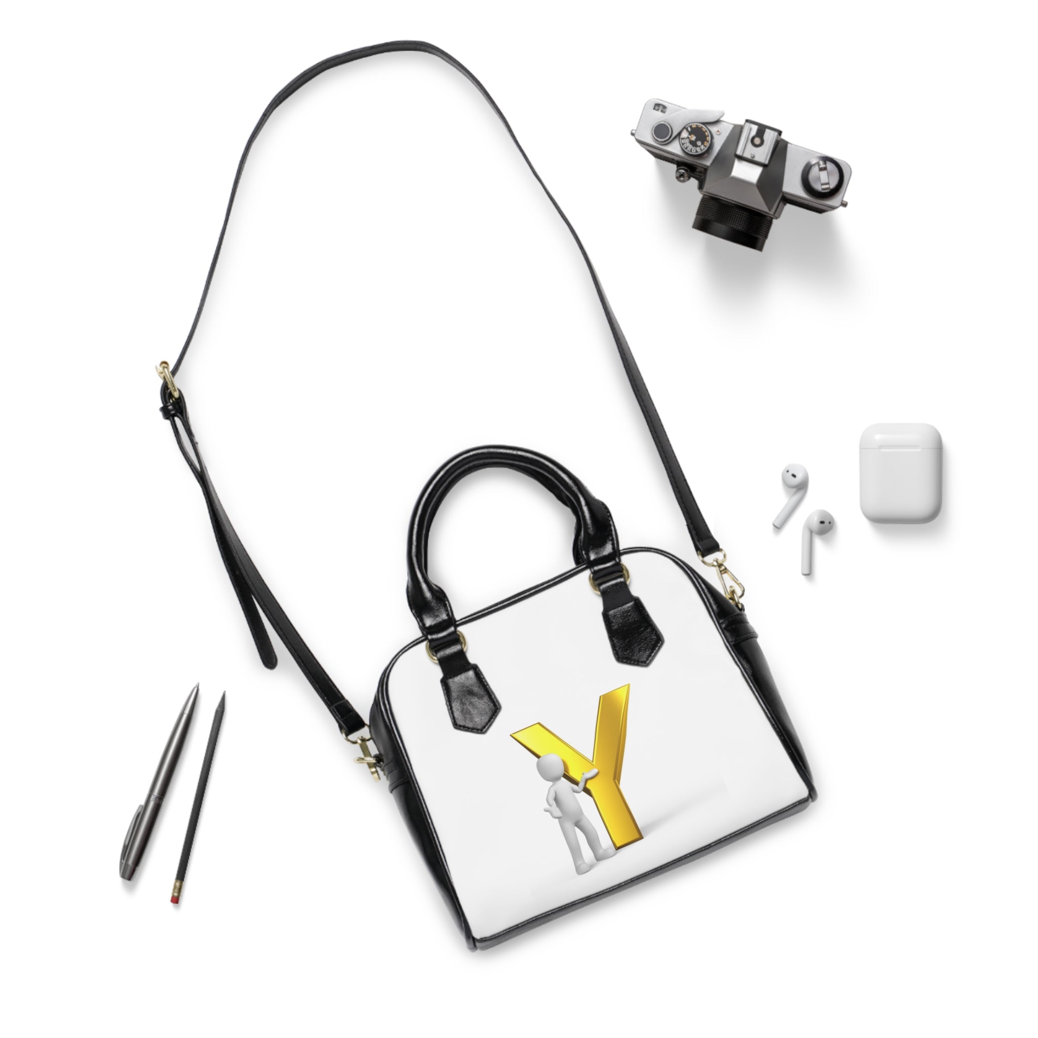 Gold Letter Y with Mascot Shoulder Handbag | Monogram Initial Purse