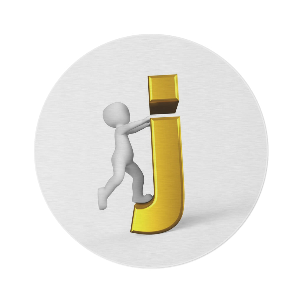 3D Stick Figure Pushing Gold Letter J round rug | Monogram Initial Decor