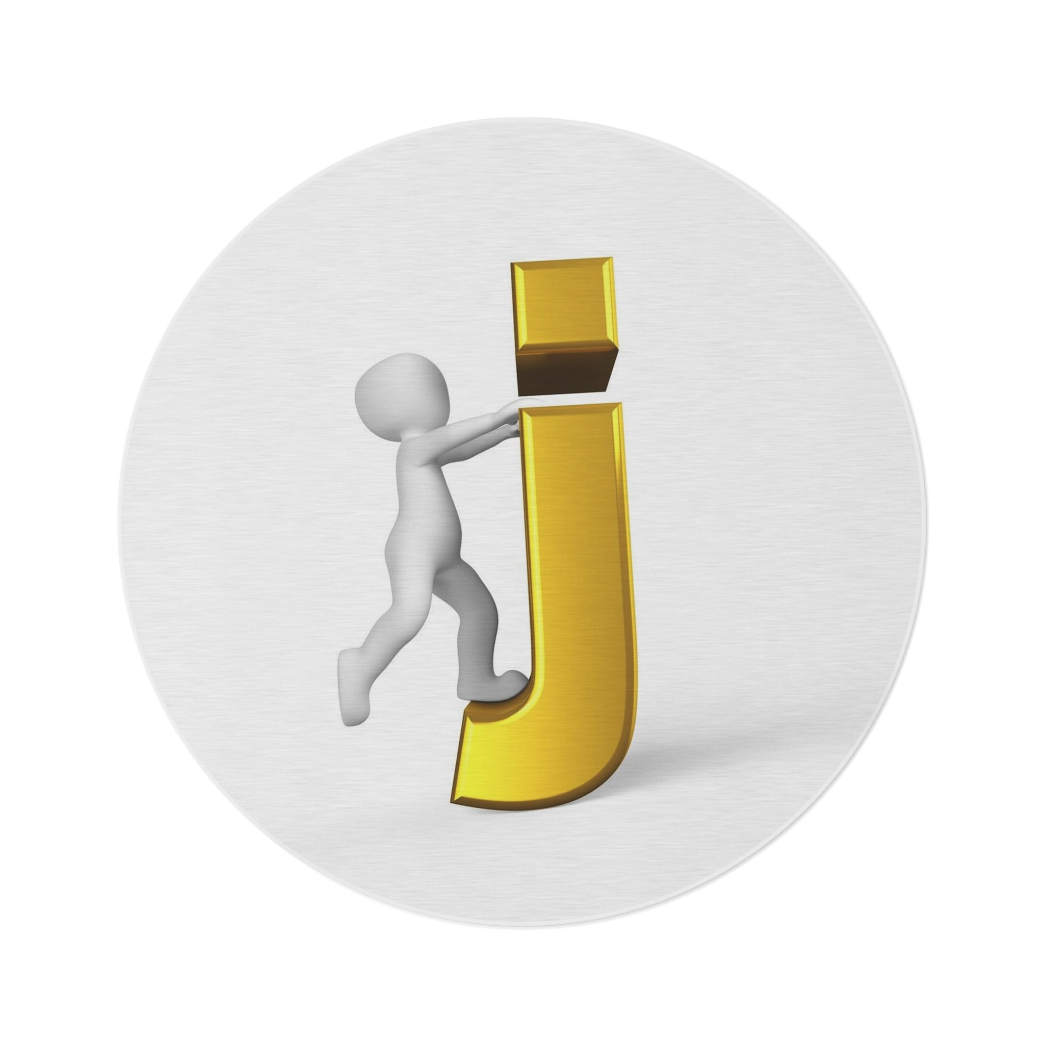 3D Stick Figure Pushing Gold Letter J round rug | Monogram Initial Decor