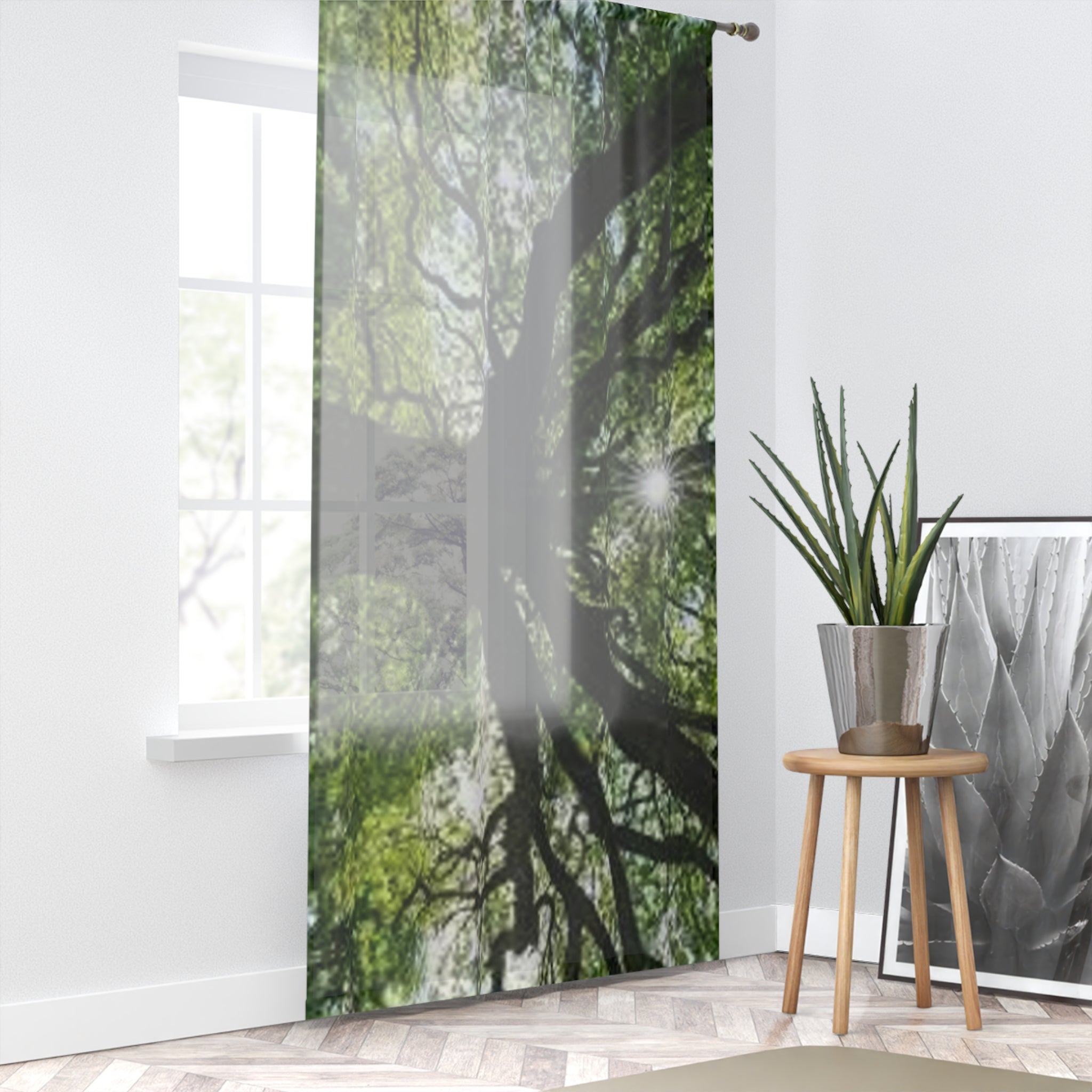 Sunlit Tree Canopy Window Curtain | Forest Branches Nature Print