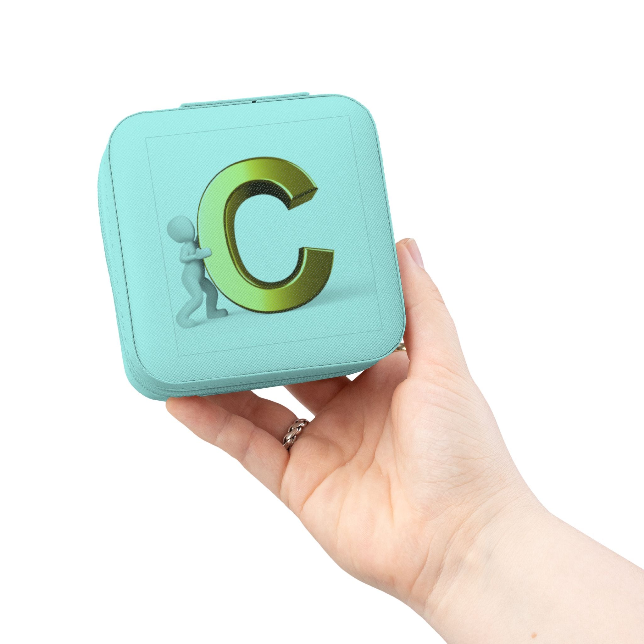 Étui de voyage compact rose pour bijoux avec monogramme C doré | Organisateur de bijoux