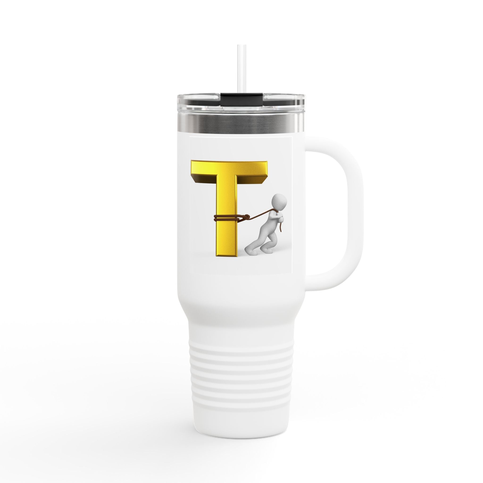 3D Stick Figure Pulling Gold Letter T Travel Mug | 40oz Insulated Tumbler