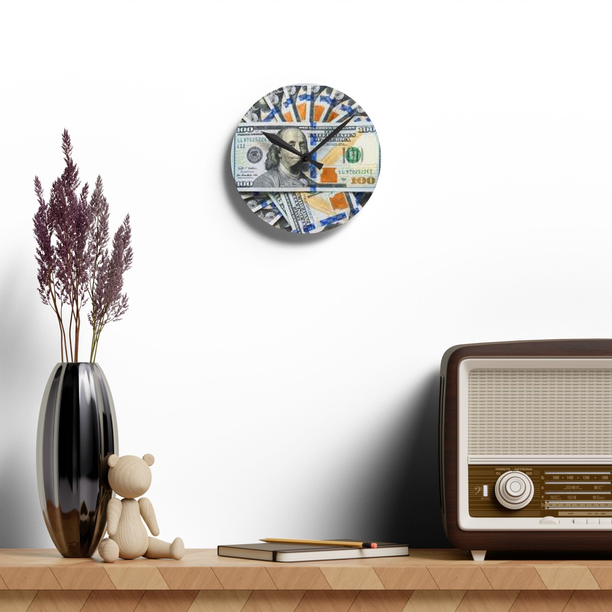 Hundred Dollar Bills Acrylic Clock | Money Stack Wall Clock