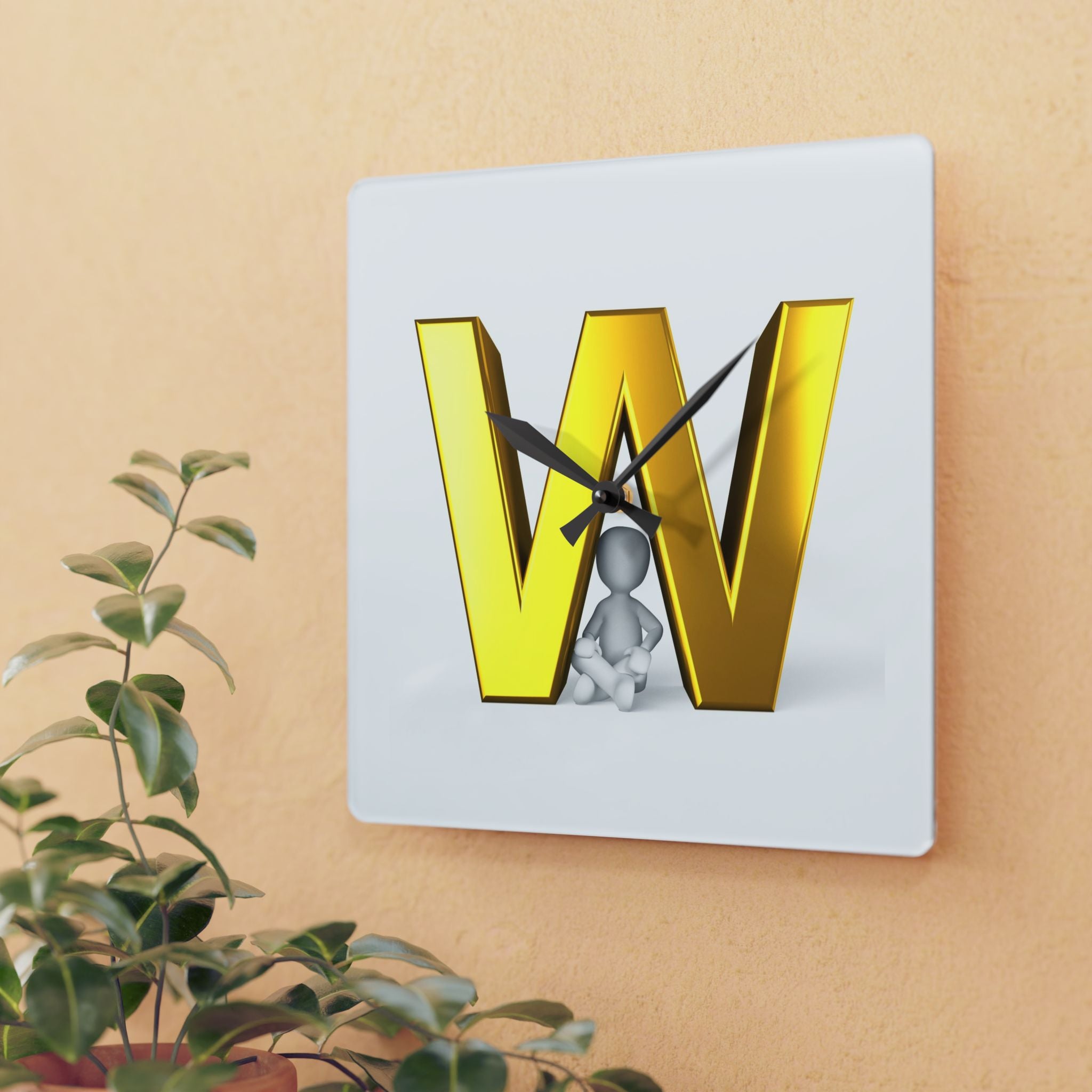 Gold Letter W Monogram Acrylic Wall Clock | Initial W Home Decor