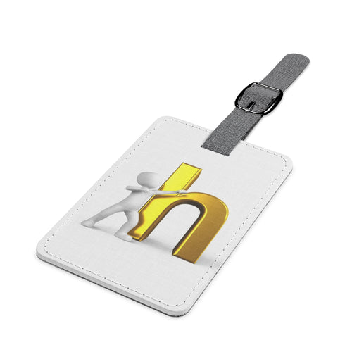 Étiquette de bagage rectangulaire 3D représentant un être humain poussant la lettre H en or