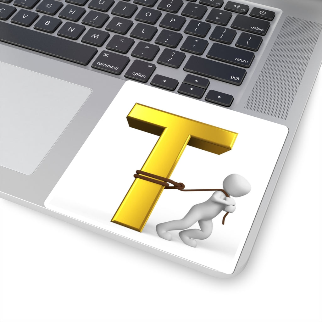Man Pulling Gold Letter T sticker | Alphabet Initial Vinyl Kiss-Cut