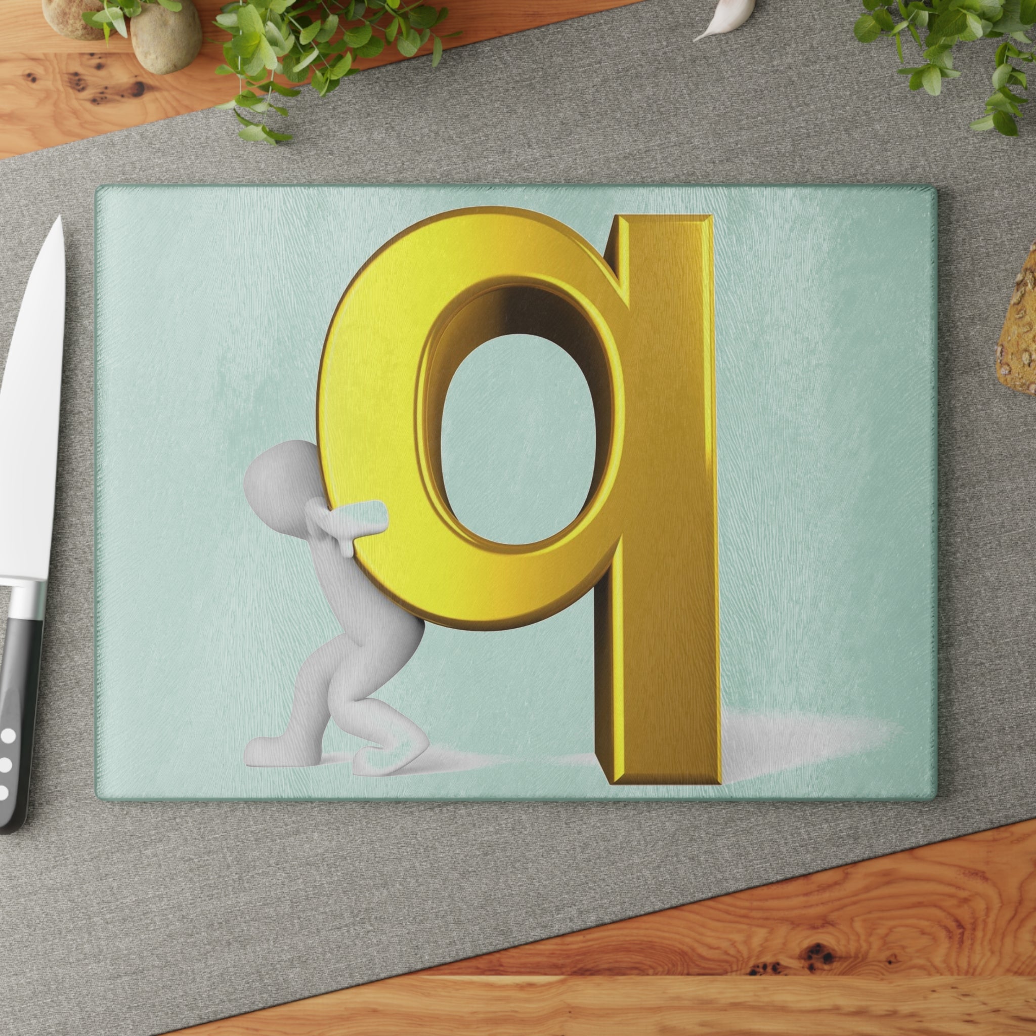 Gold Letter Q with Figure Glass Cutting Board | Decorative Kitchen Chopping Board