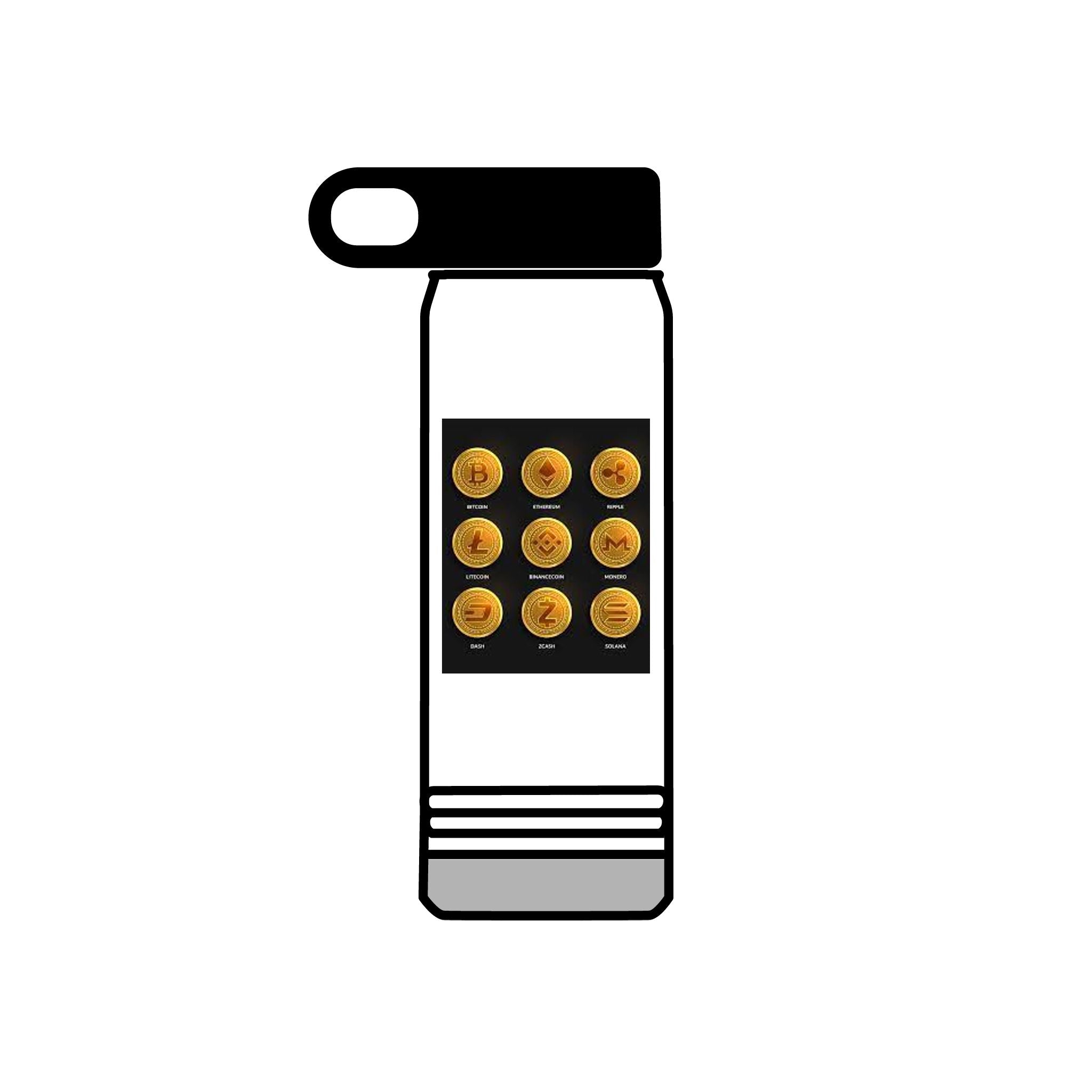 Bouteille d'eau isotherme à grille de pièces crypto en or | Motif Bitcoin de cryptomonnaie, 590 ml