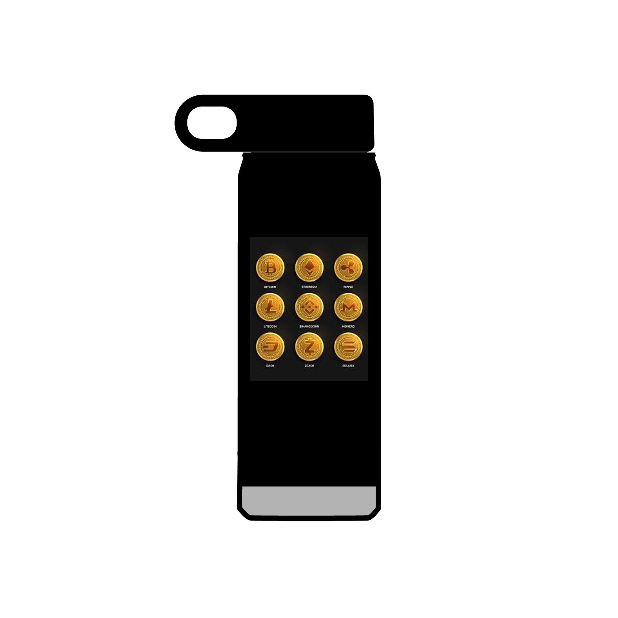 Bouteille d'eau isotherme à grille de pièces crypto en or | Motif Bitcoin de cryptomonnaie, 590 ml